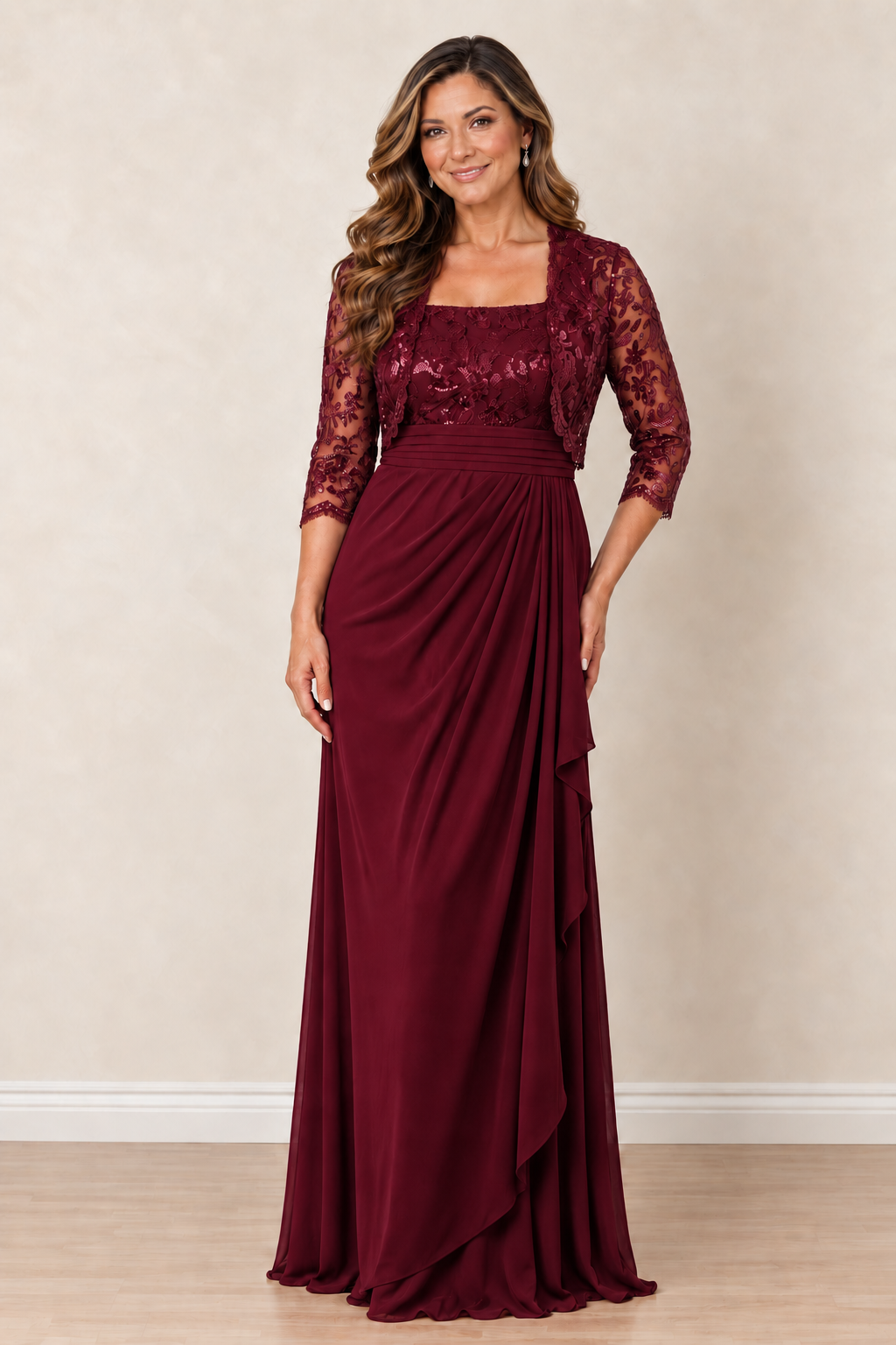 2 PC SEQUIN LACE BOLERO AND DRESS SET Burgundy