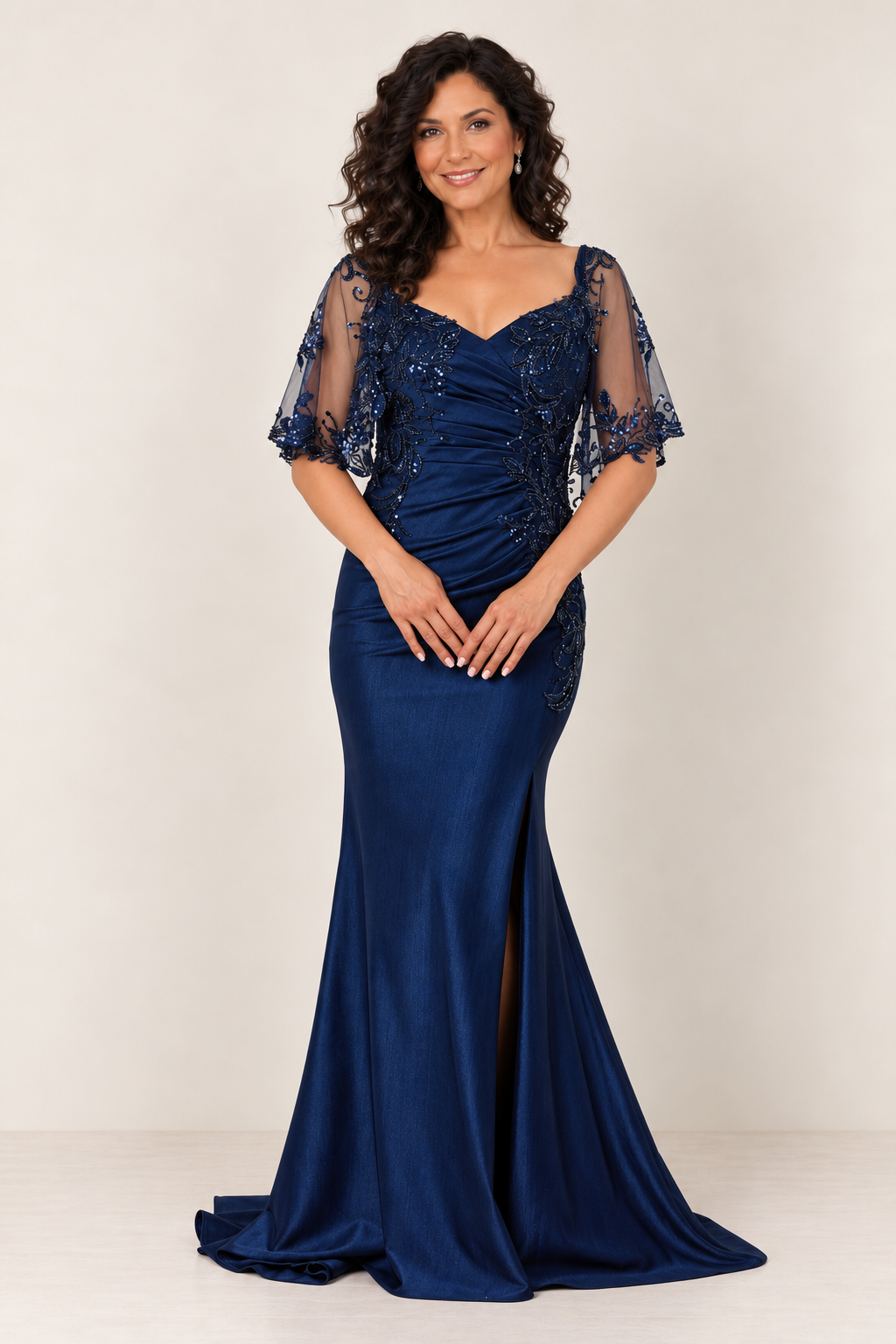 2 piece embellished stretch satin gown with removable cape NAVY BLUE