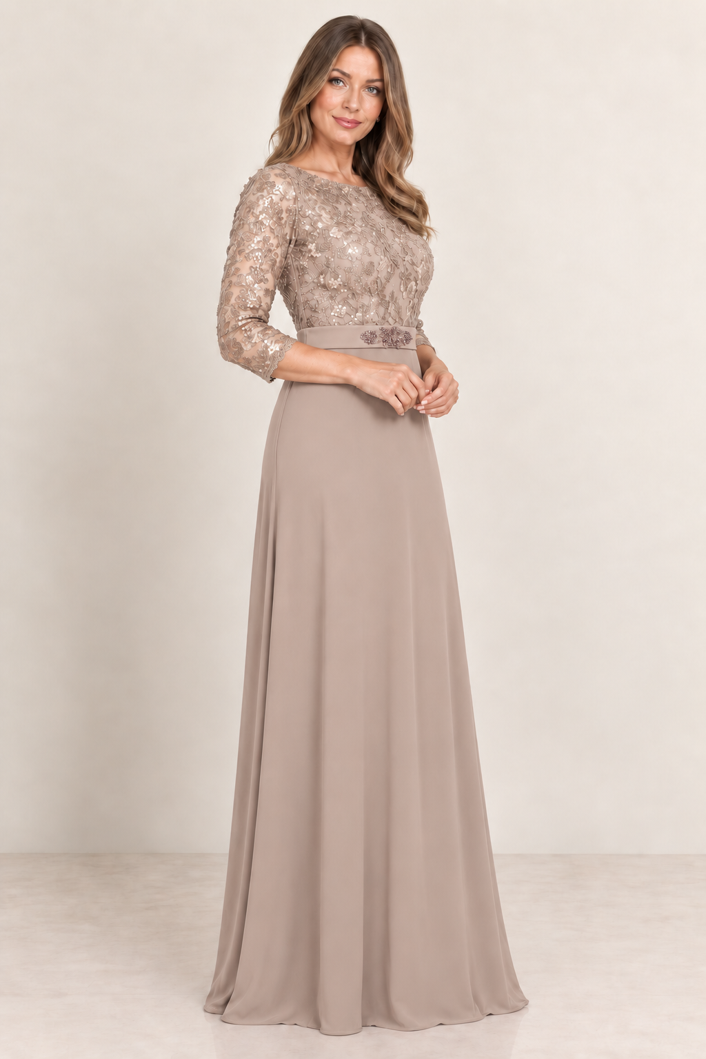 3/4 Sleeve Gown with Lace and Sequin Top and Jersey Skirt with Beaded Belt