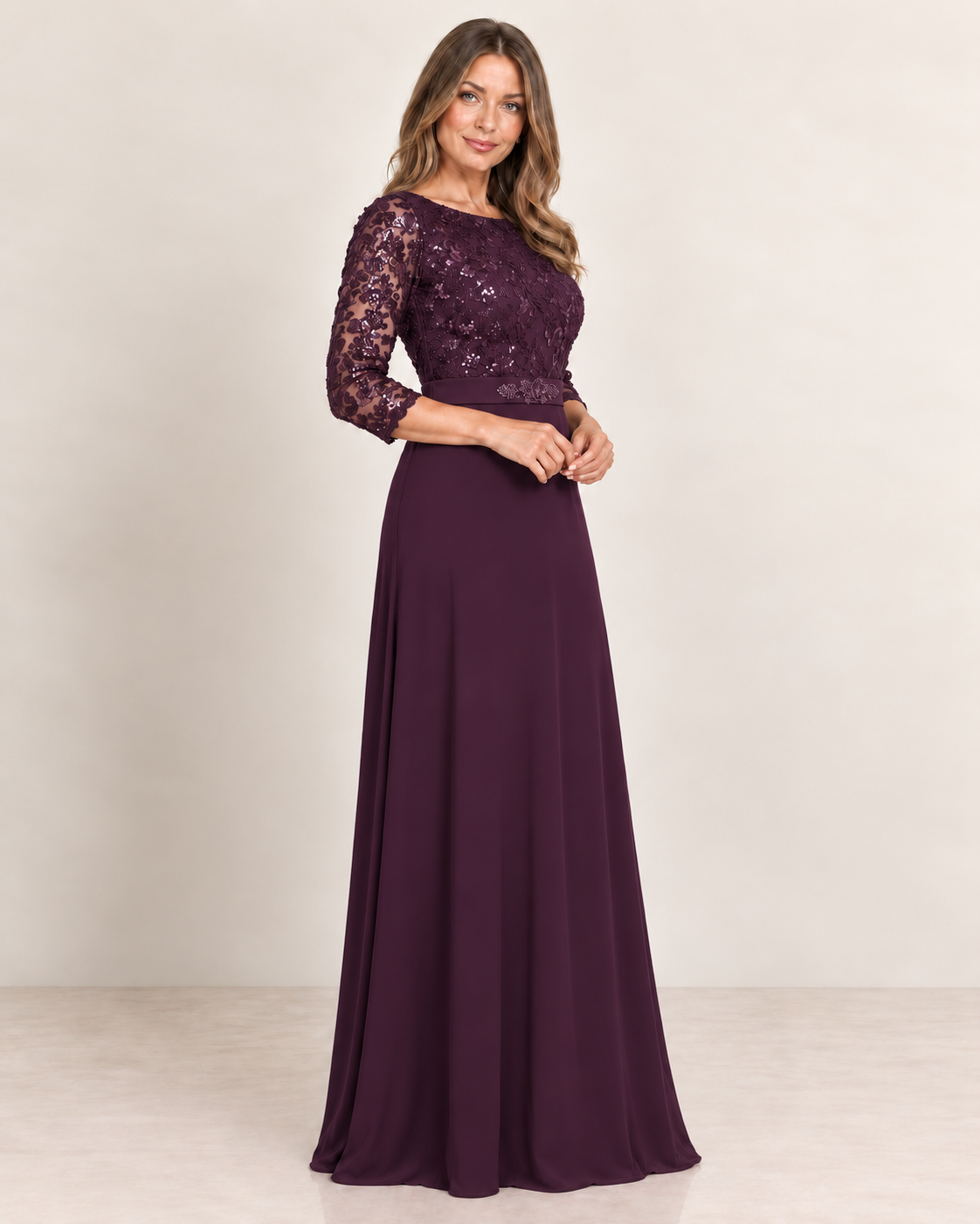 3/4 Sleeve Gown with Lace and Sequin Top and Jersey Skirt with Beaded Belt PLUM