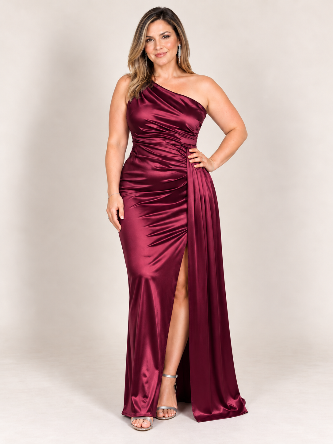 Asymmetric Draped Satin Evening Gown