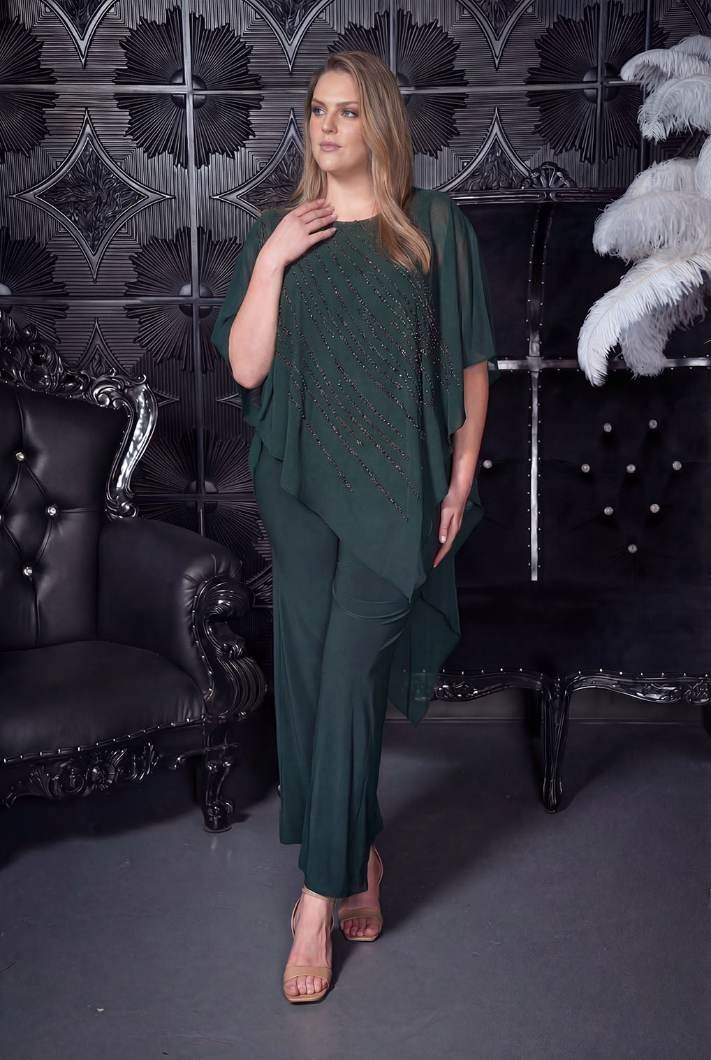 Beaded Drape Evening Jumpsuit Hunter green