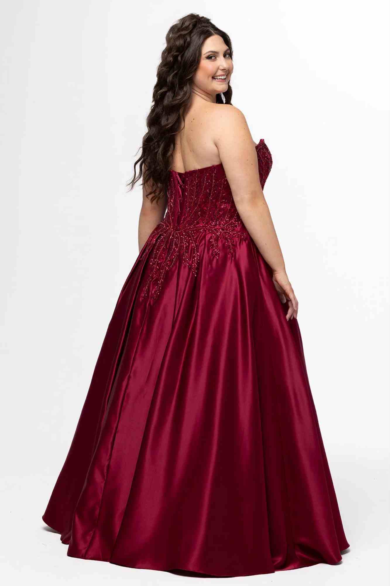 Beaded Strapless Ballgown Dress Burgundy