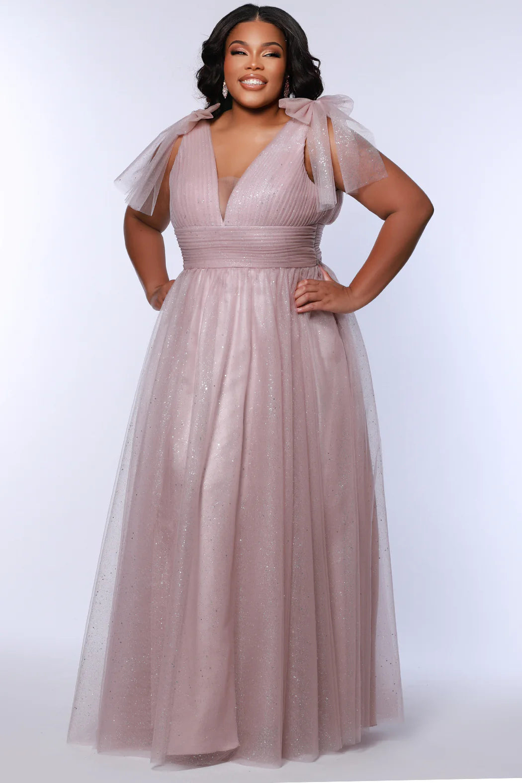 Bow-Shoulder Sparkle Tulle Gown Mauve