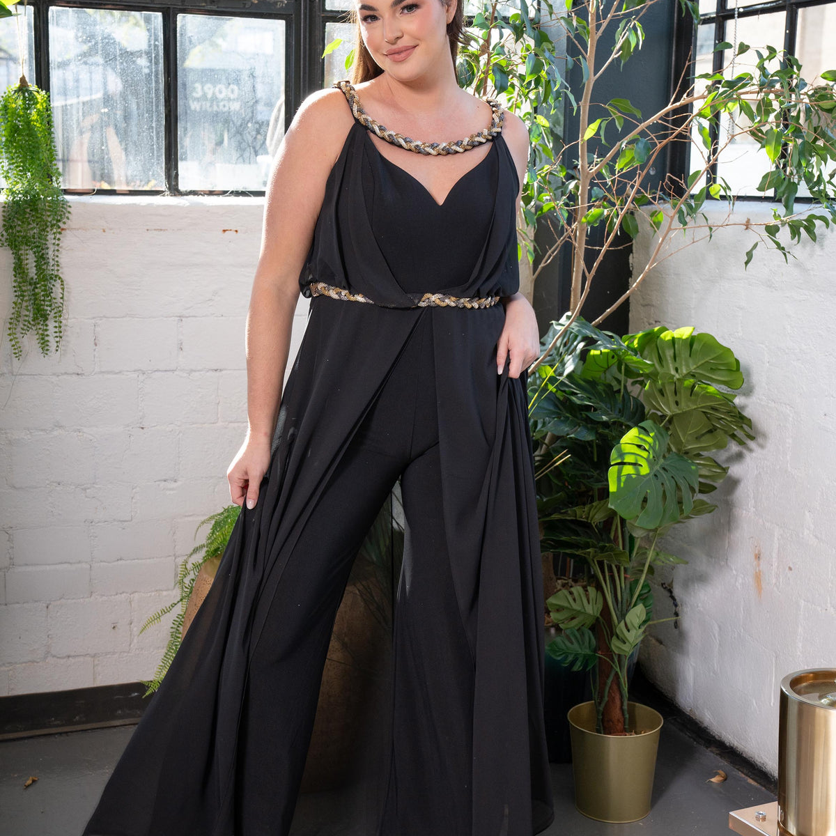 Chain Trim Plunging Drape Jumpsuit Galinique Couture Chain Trim Plunging Drape Jumpsuit Galinique Couture