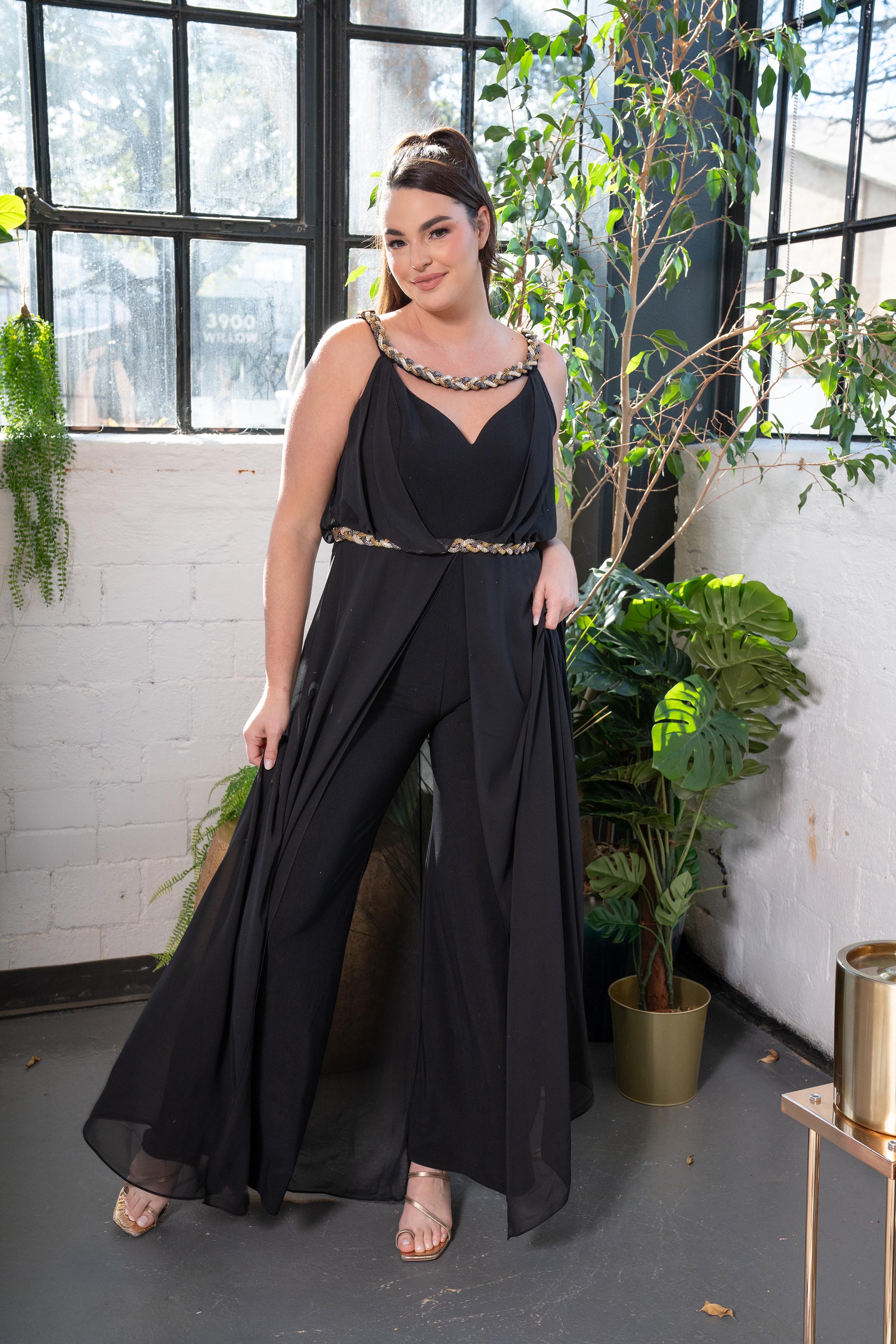 Chain Trim Plunging Drape Jumpsuit