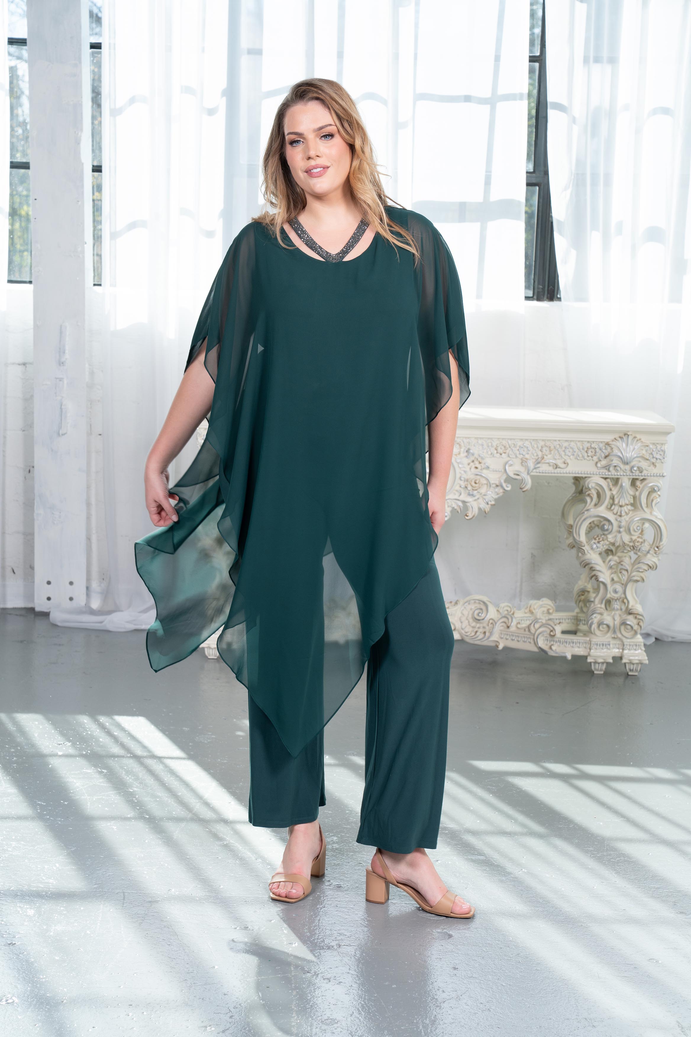 Chiffon Overlay Wide-Leg Jumpsuit Hunter green