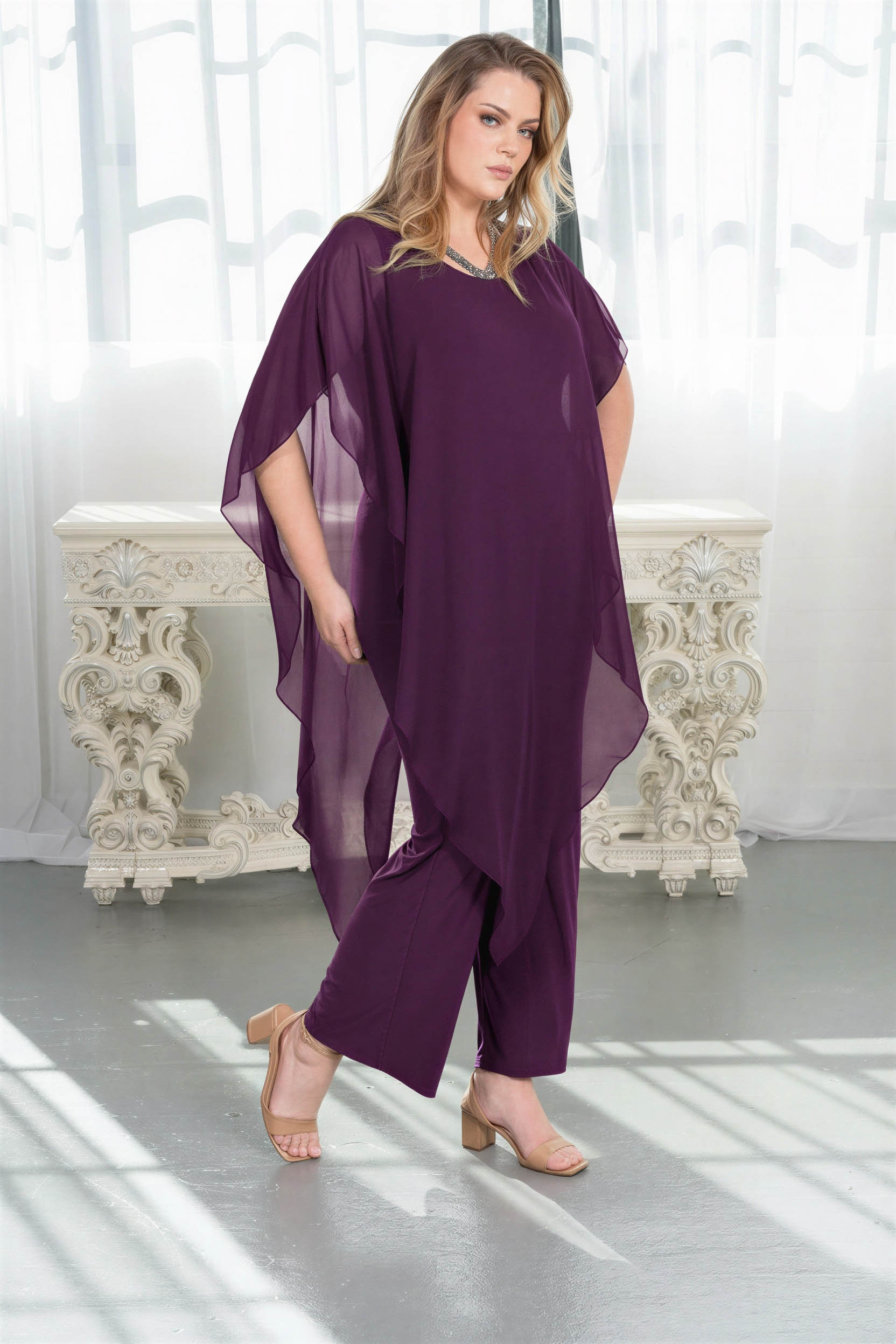 Chiffon Overlay Wide-Leg Jumpsuit Eggplant