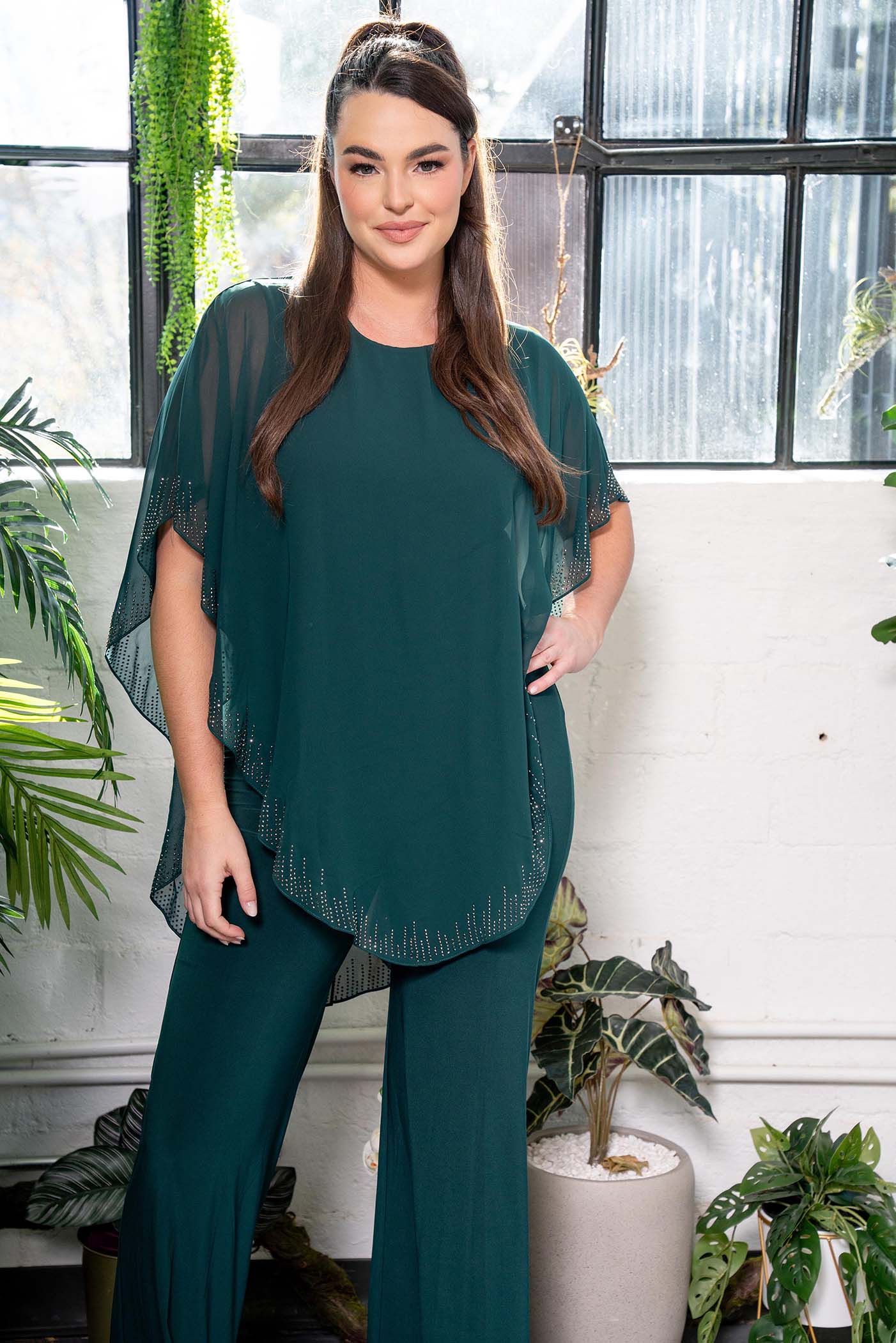 Crystal-Trim Chiffon Overlay Jumpsuit Hunter green