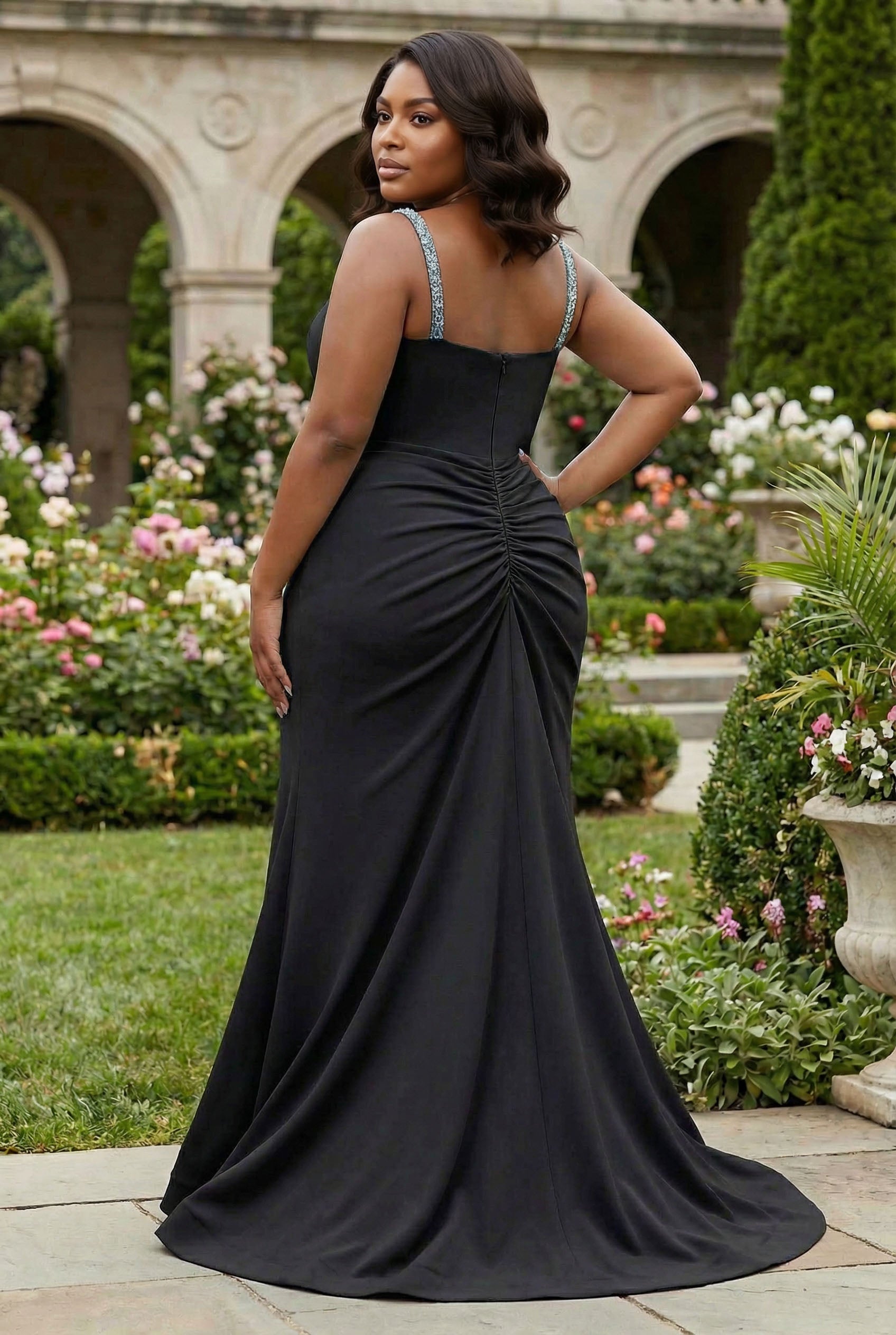 Crystal Trim Sweetheart Slit Gown black