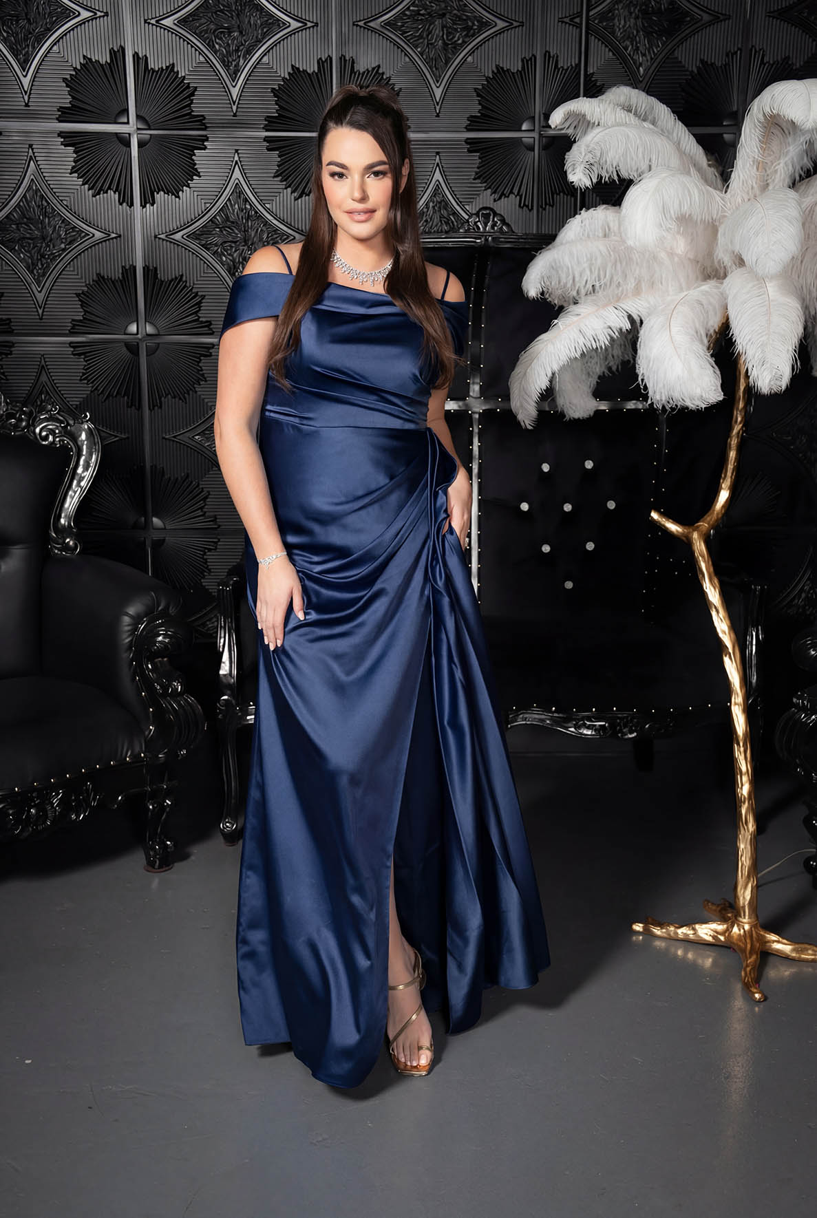 Draped Bardot Satin Column Gown Navy blue