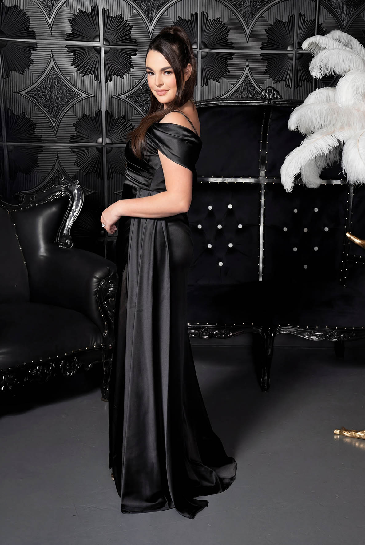 Draped Bardot Satin Column Gown Black