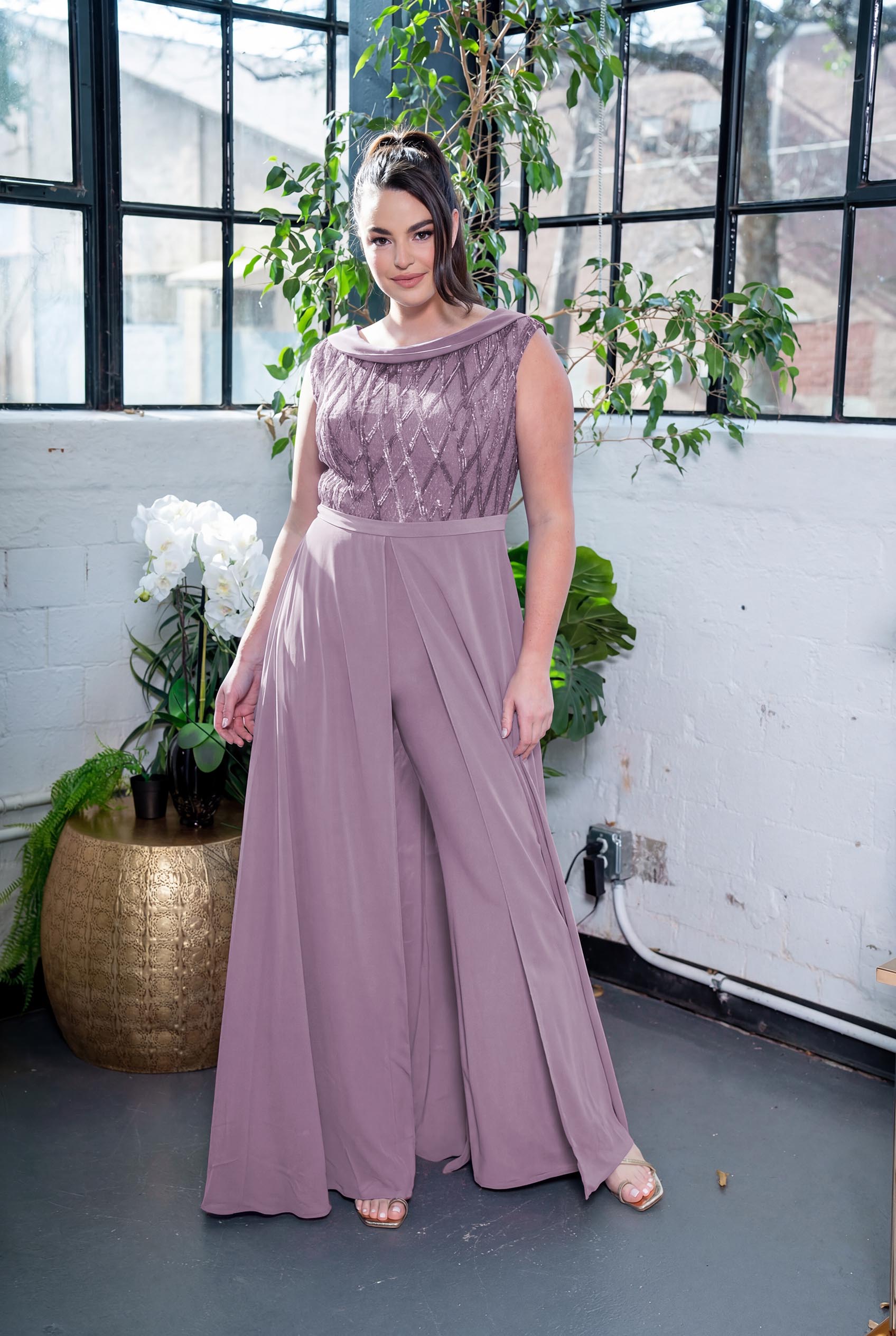 Embellished Boatneck Overlay Jumpsuit French purple