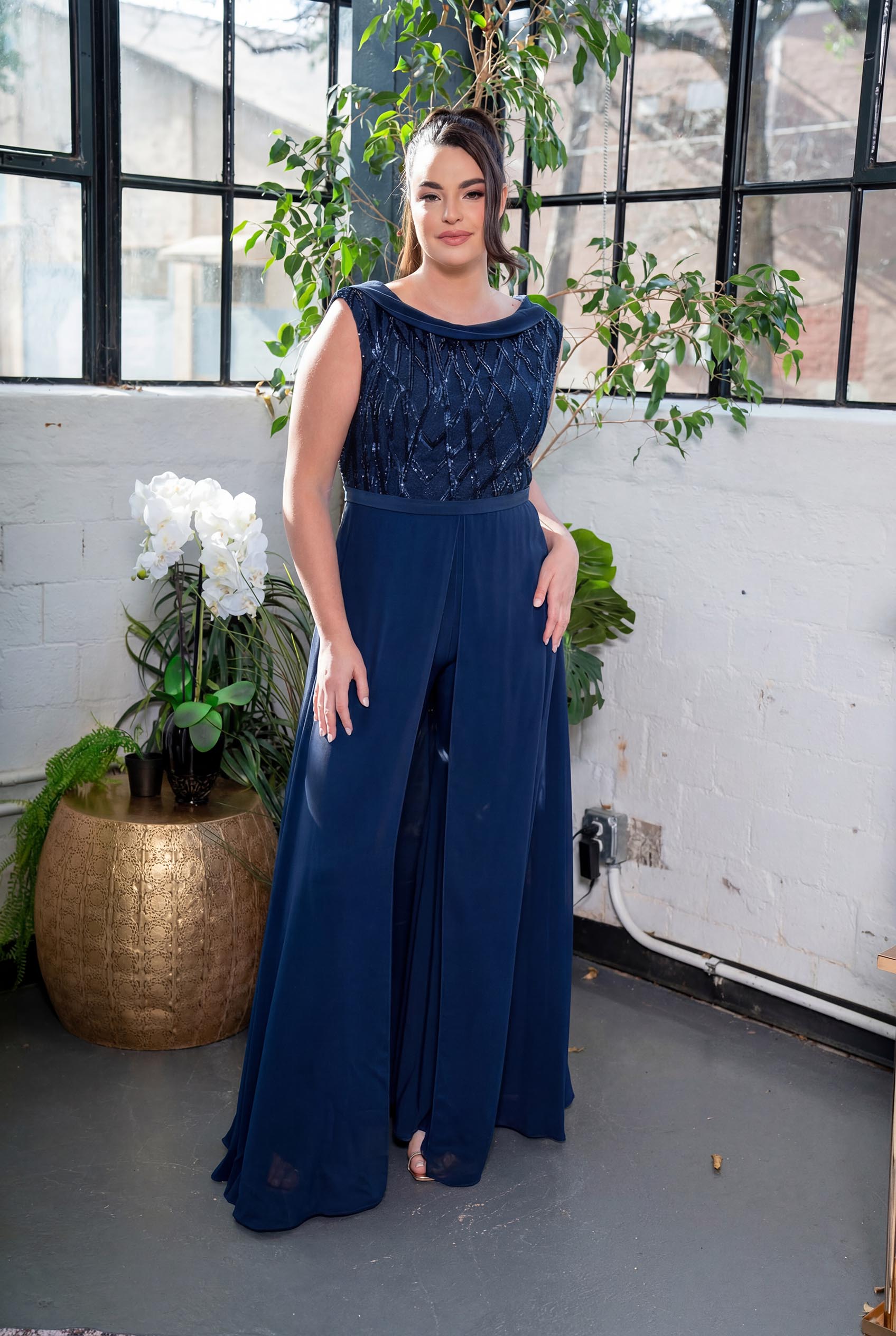 Embellished Boatneck Overlay Jumpsuit Navy blue