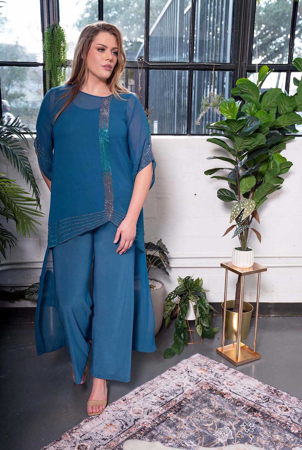 Embellished Overlay Pant Set Petrol blue