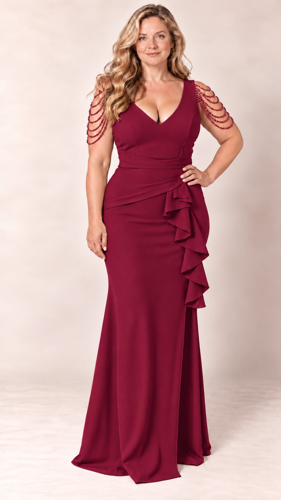 Embellished Shoulder Draped Gown burgundy