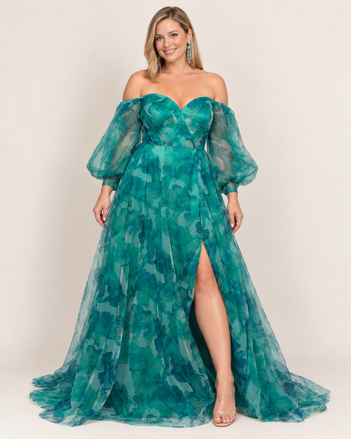 Floral Tulle Plus Size Maxi Dress Emerald green