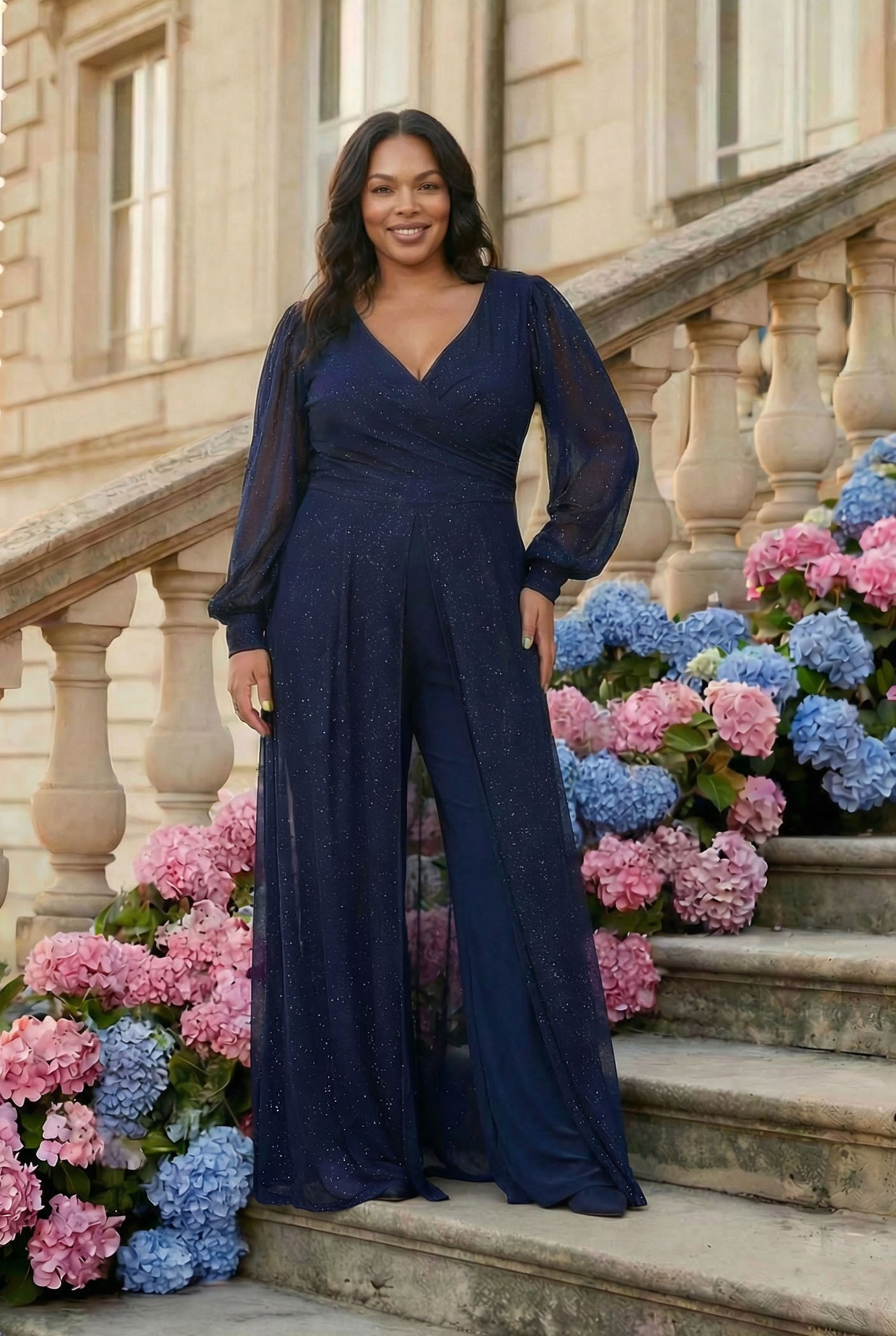 Glitter Chiffon Wrap Jumpsuit Navy blue