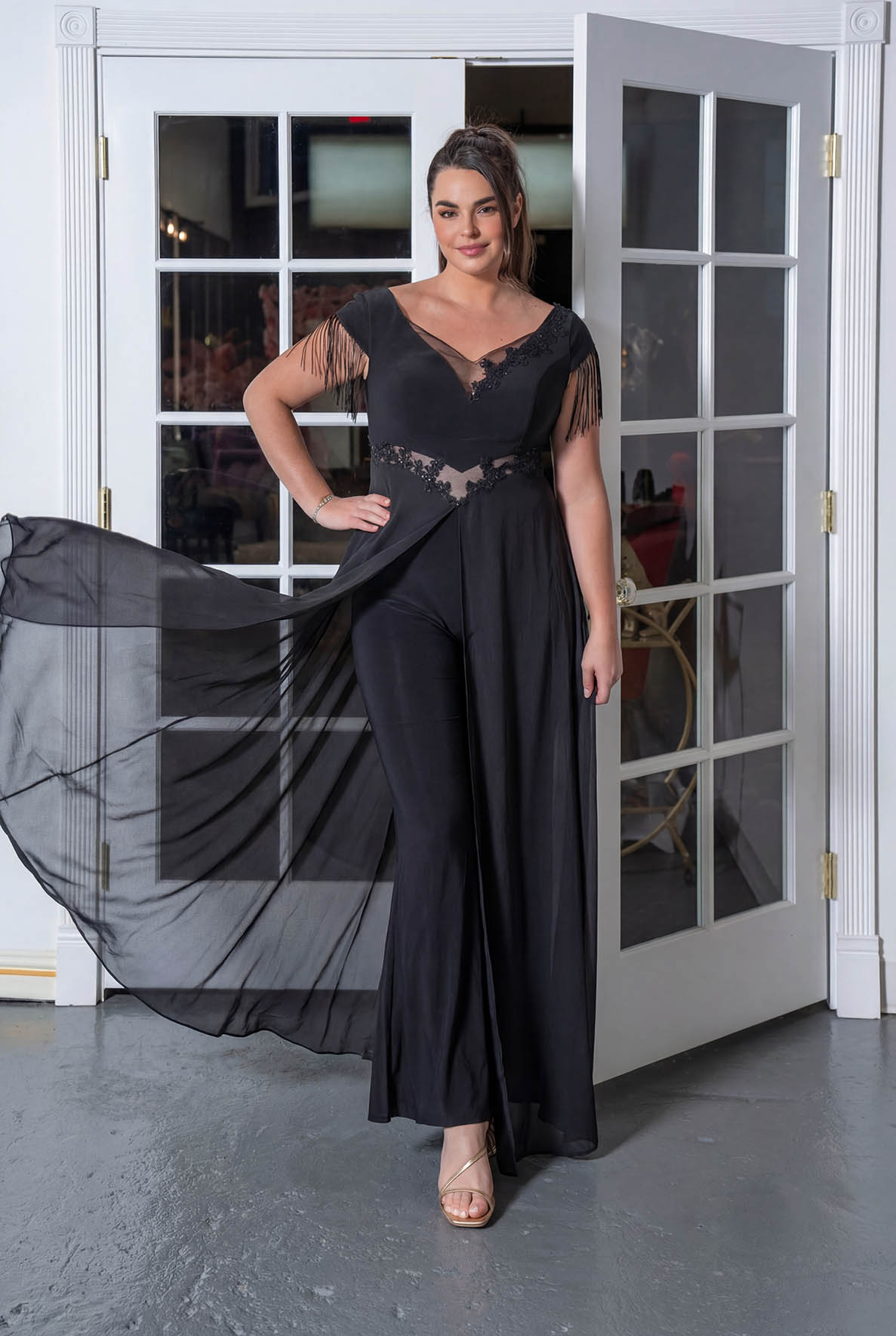 Lace-Inset Cape Jumpsuit with Fringe Sleeves Black