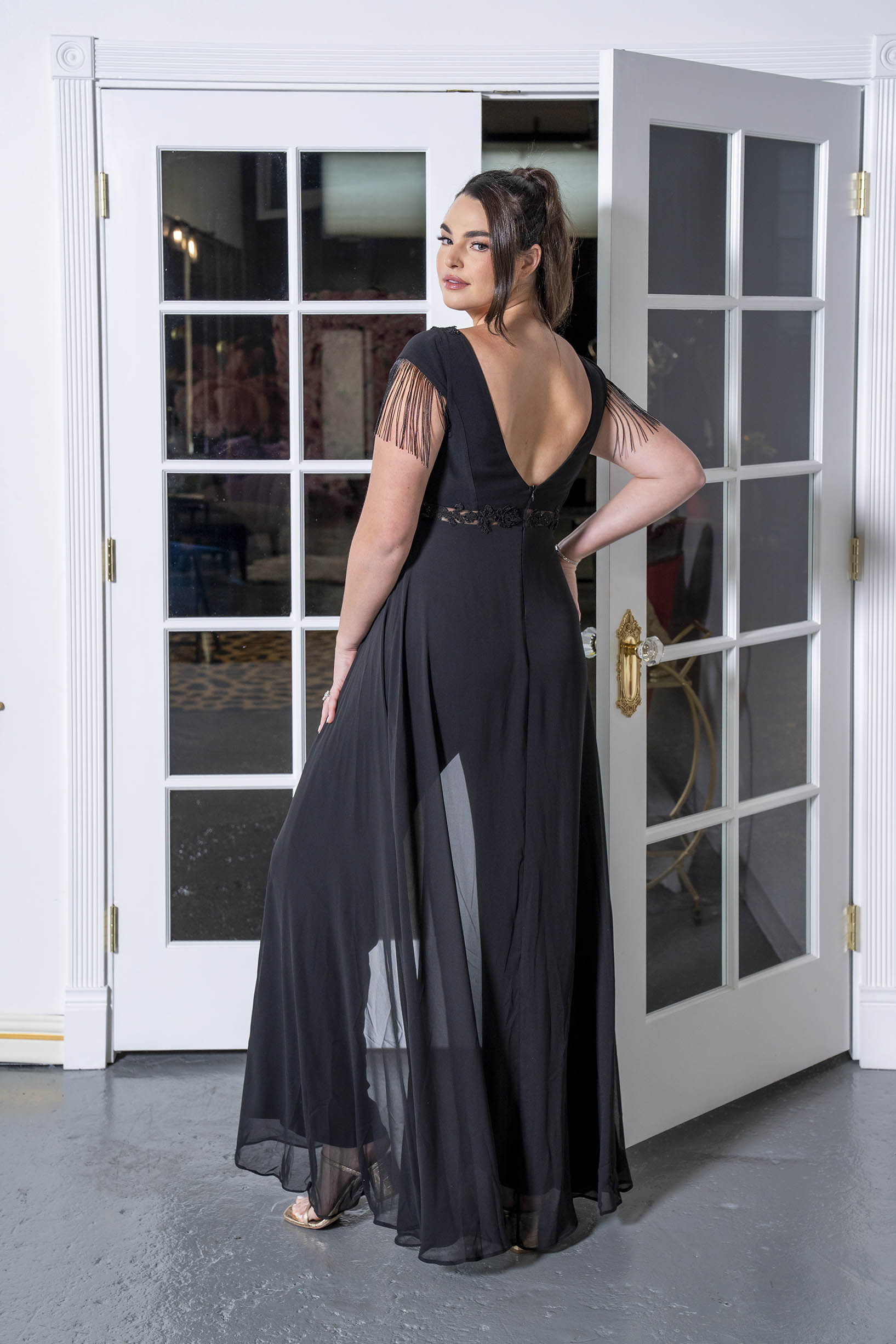 Lace-Inset Cape Jumpsuit with Fringe Sleeves Black