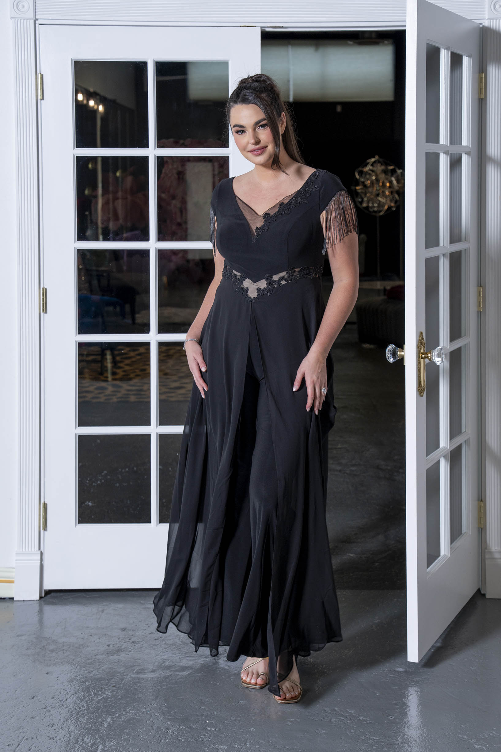 Lace-Inset Cape Jumpsuit with Fringe Sleeves Black