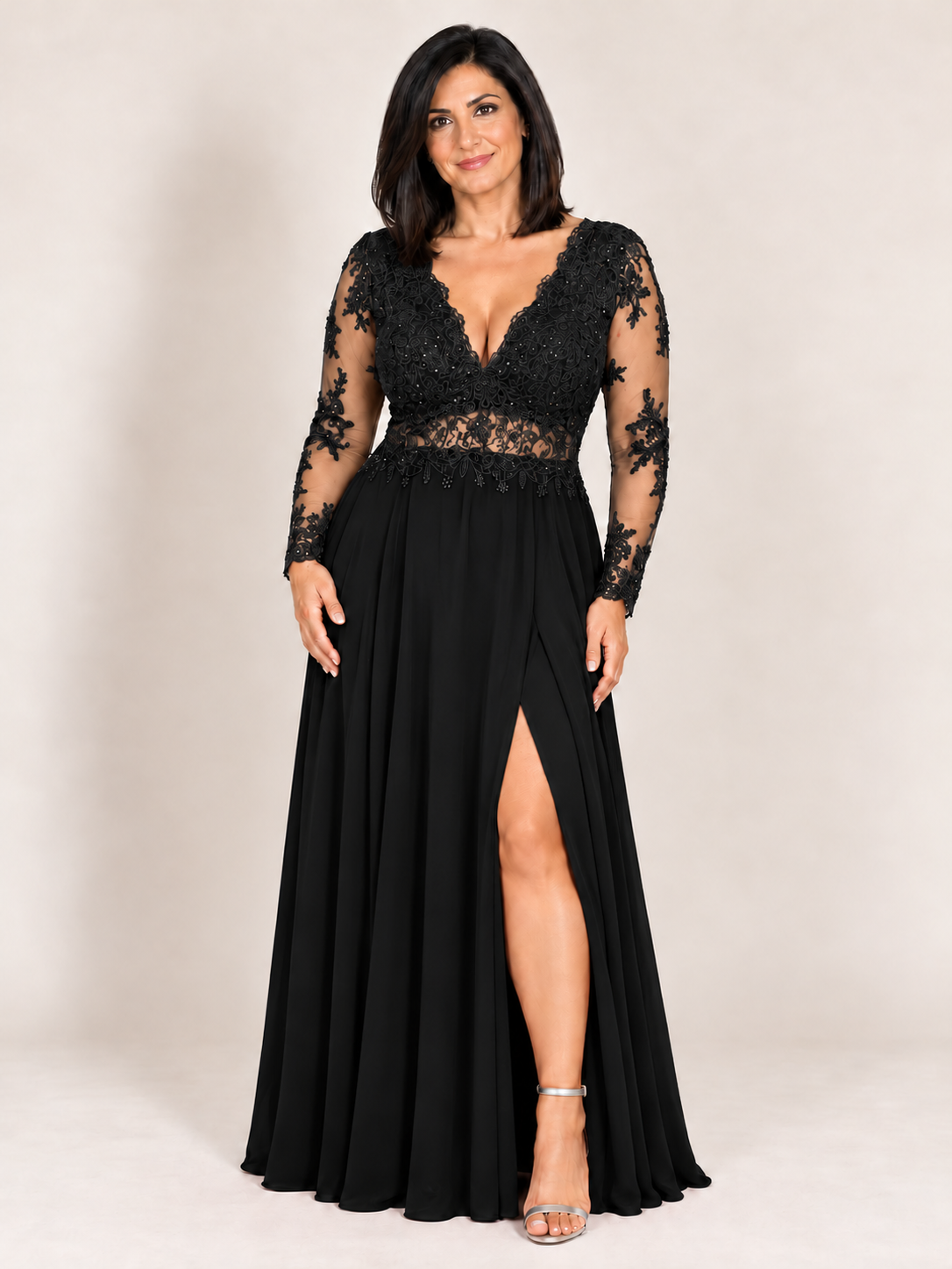 Lace Bodice Chiffon Slit Gown black