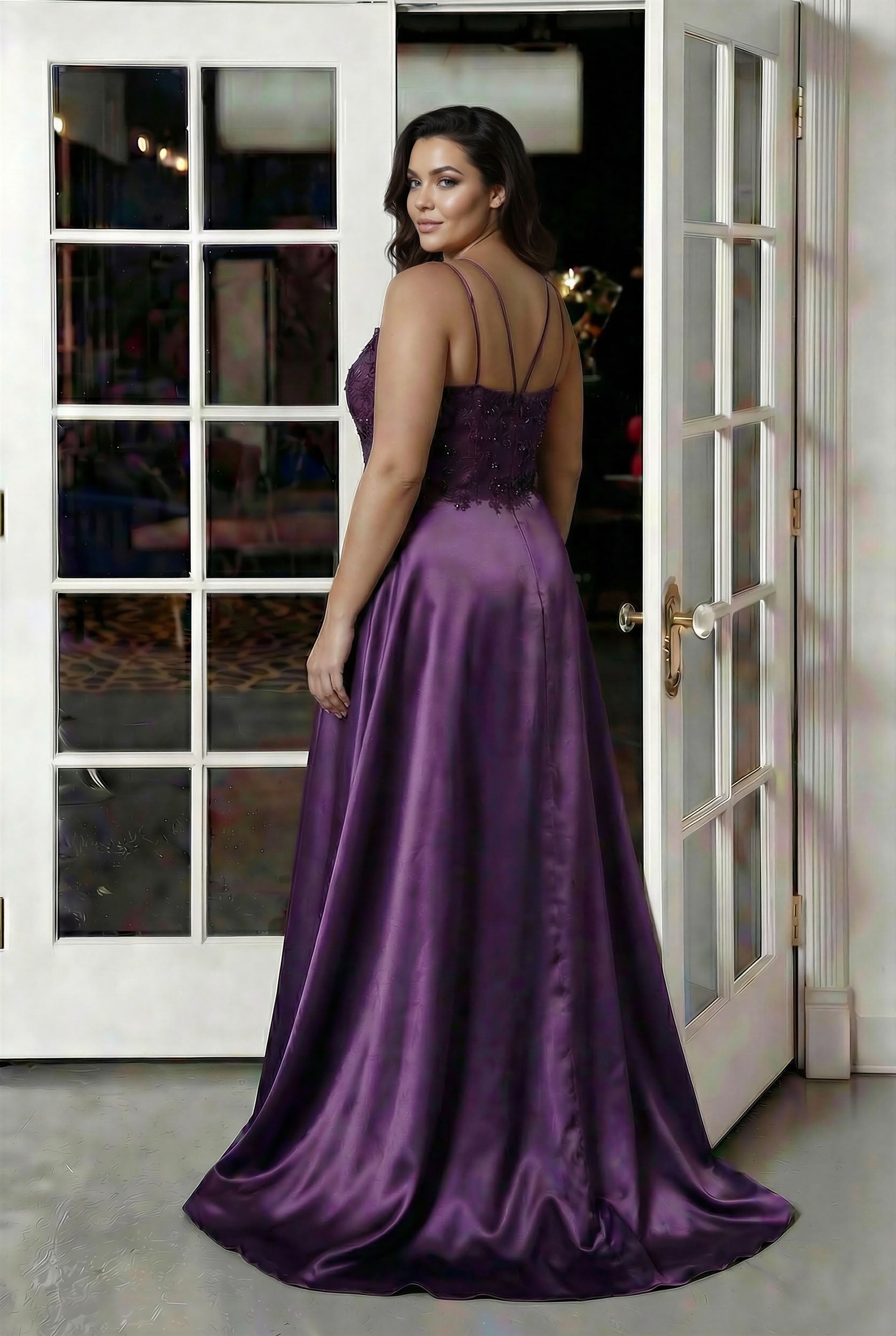 Lace Bodice Satin Slit Gown plum