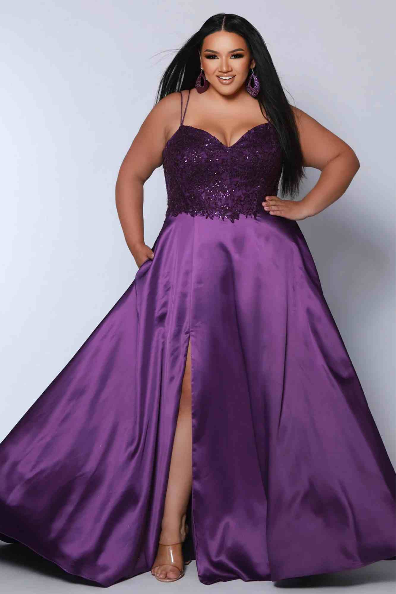 Lace Bodice Satin Slit Gown teal