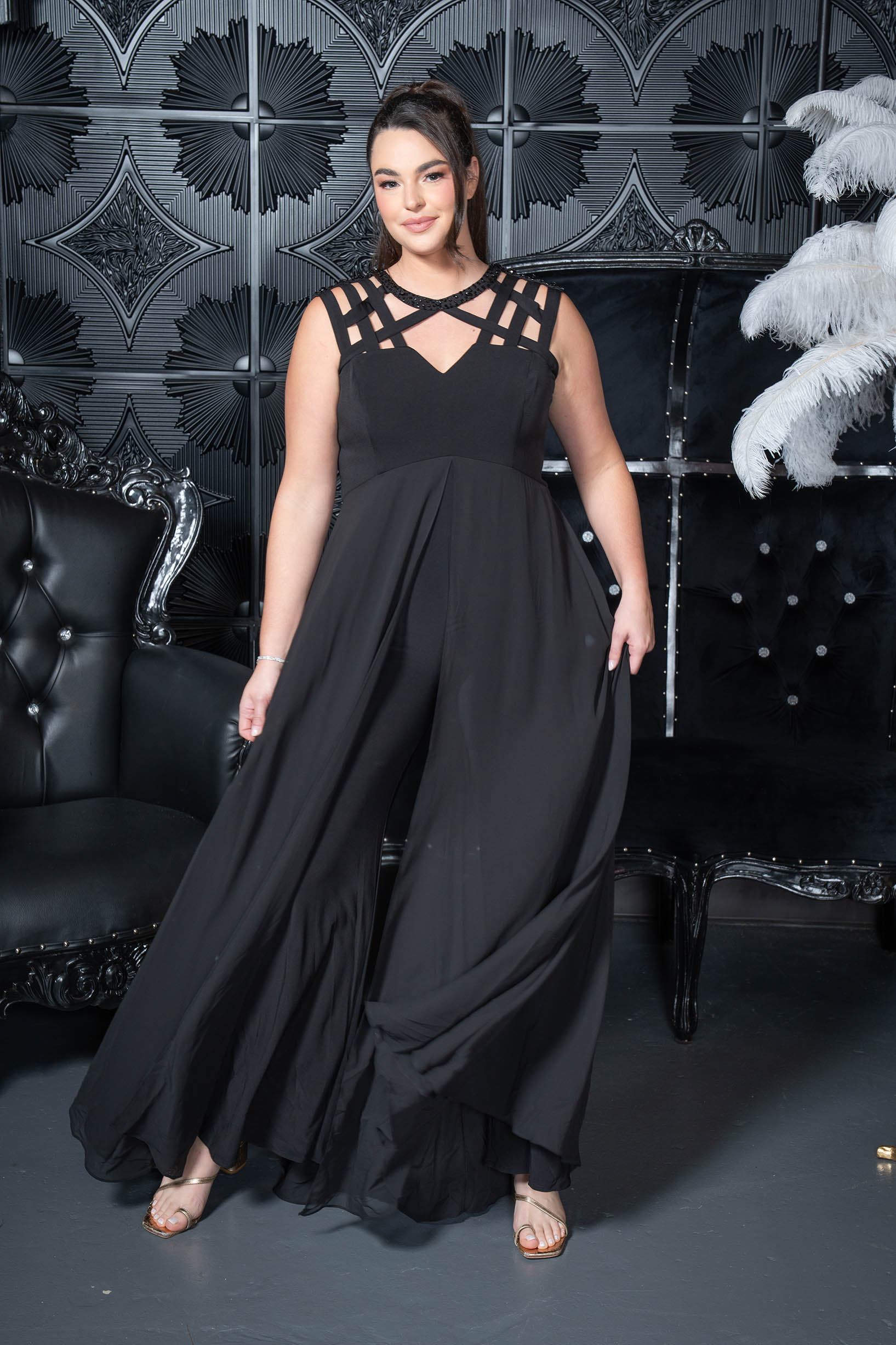 Lattice Neck Gown-Effect Jumpsuit