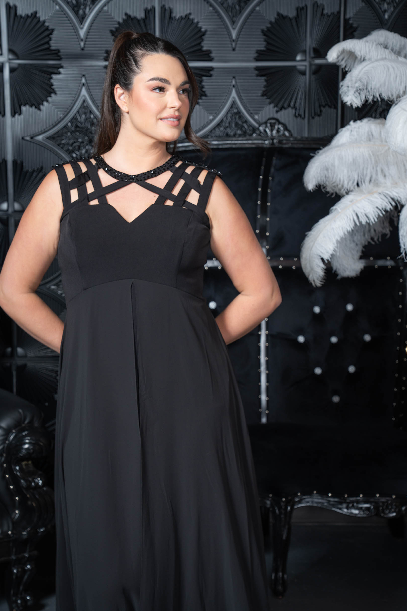 Lattice Neck Gown-Effect Jumpsuit