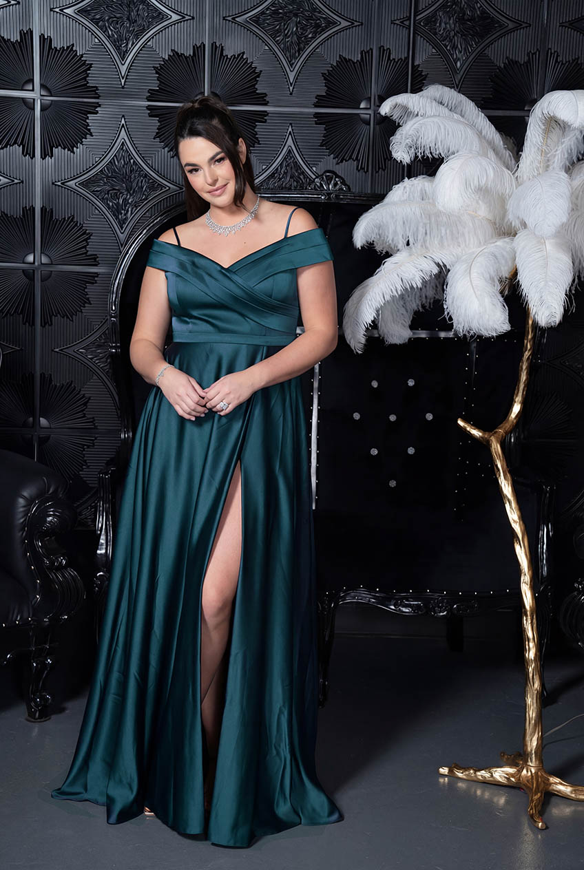 Off-Shoulder Crosswrap Satin Gown Petrol blue