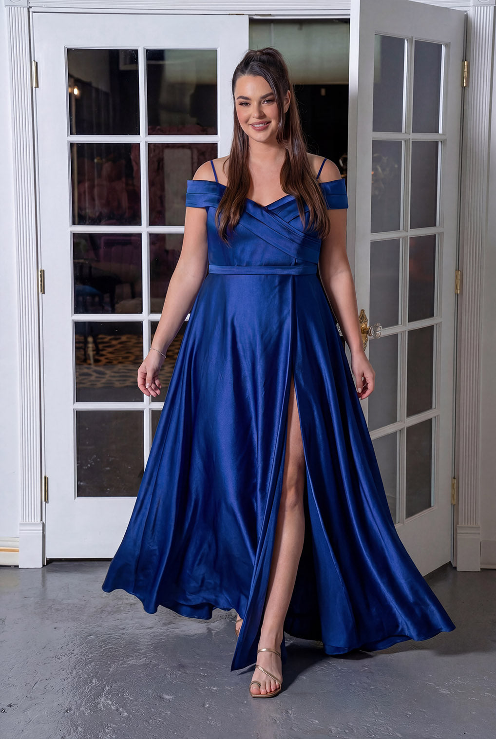 Off-Shoulder Crosswrap Satin Gown Royal blue