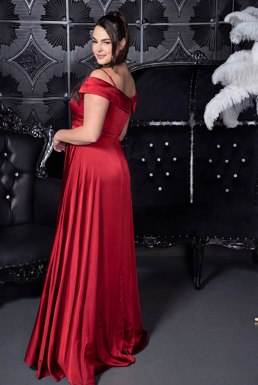 Off-Shoulder Crosswrap Satin Gown Red