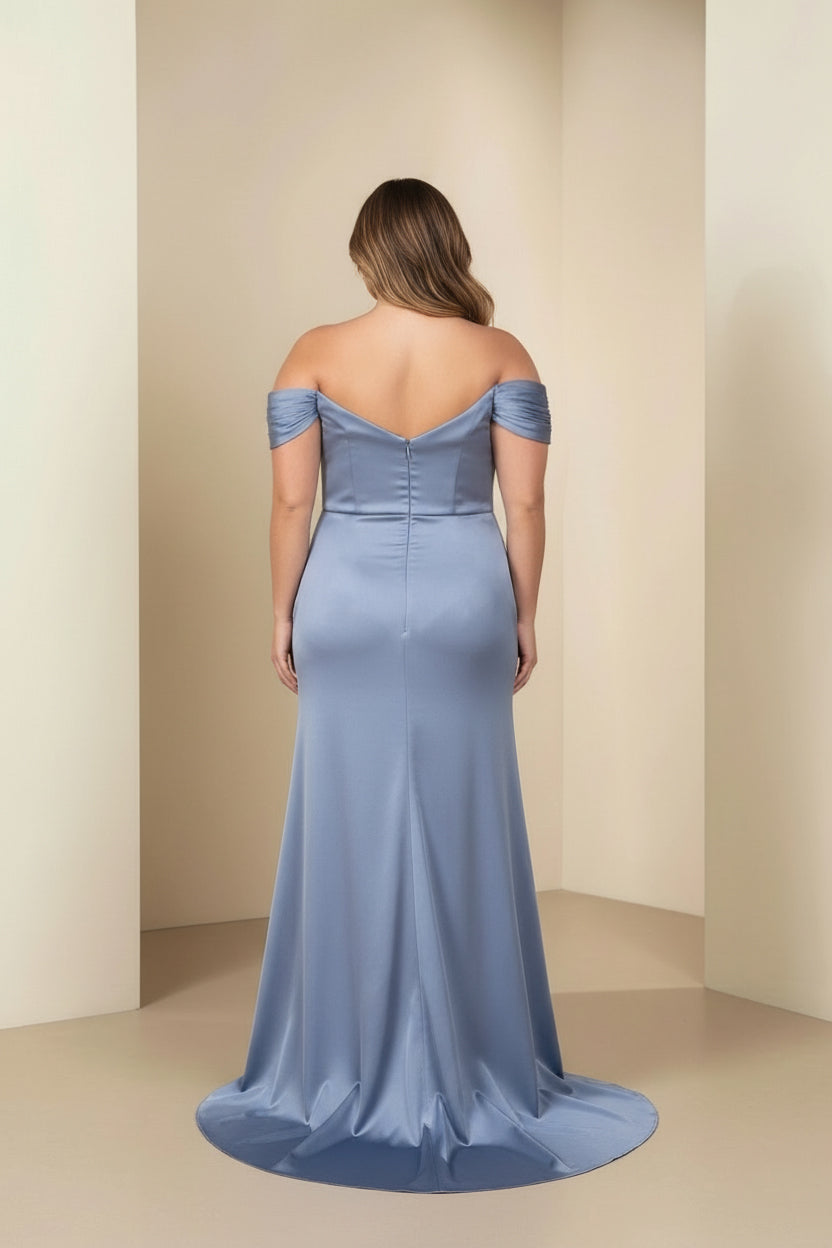 Off-Shoulder Draped Satin Slit Gown Dusty blue