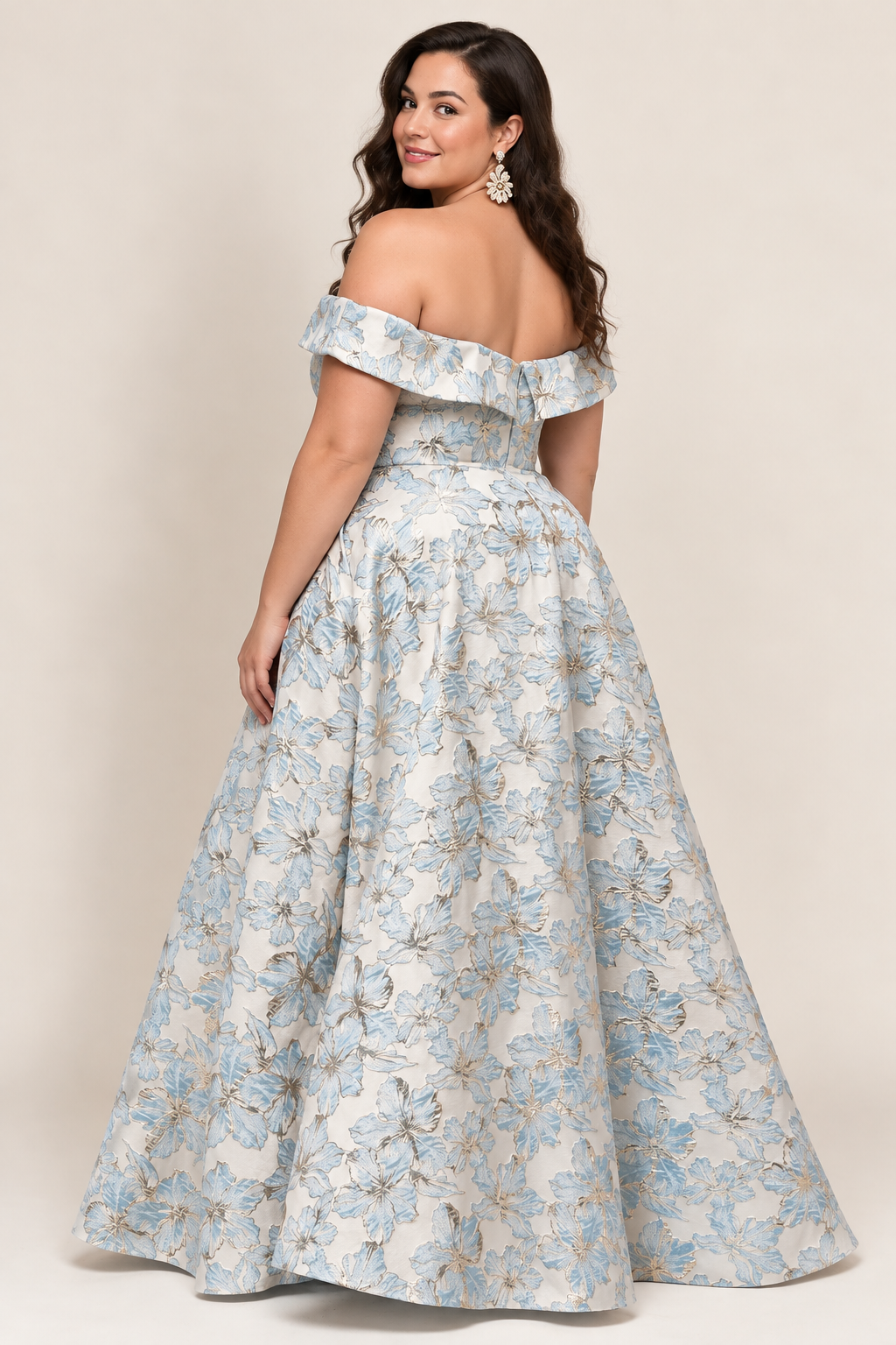 Off-Shoulder Floral Brocade Formal Gown light blue