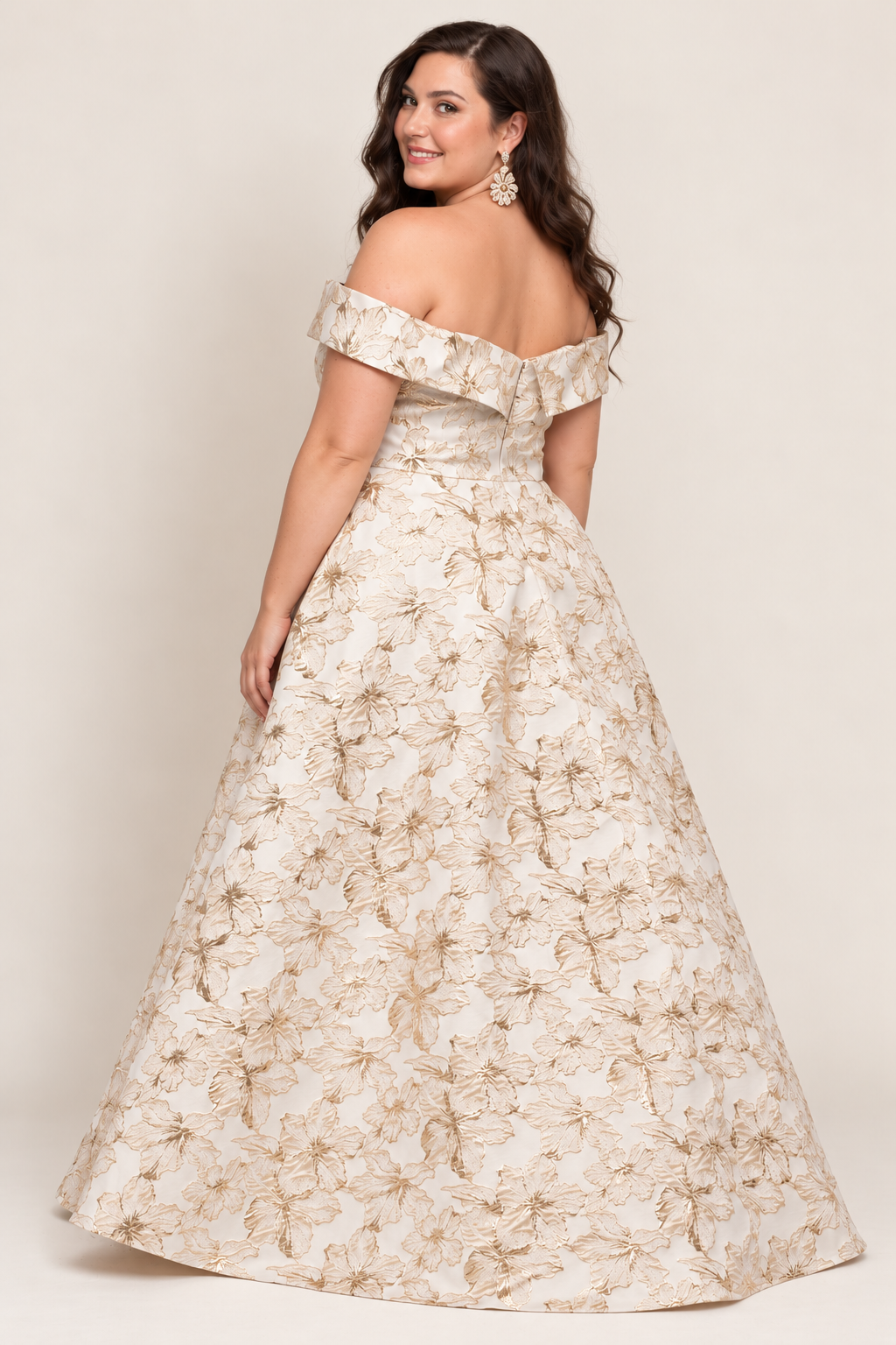 Off-Shoulder Floral Brocade Formal Gown gold