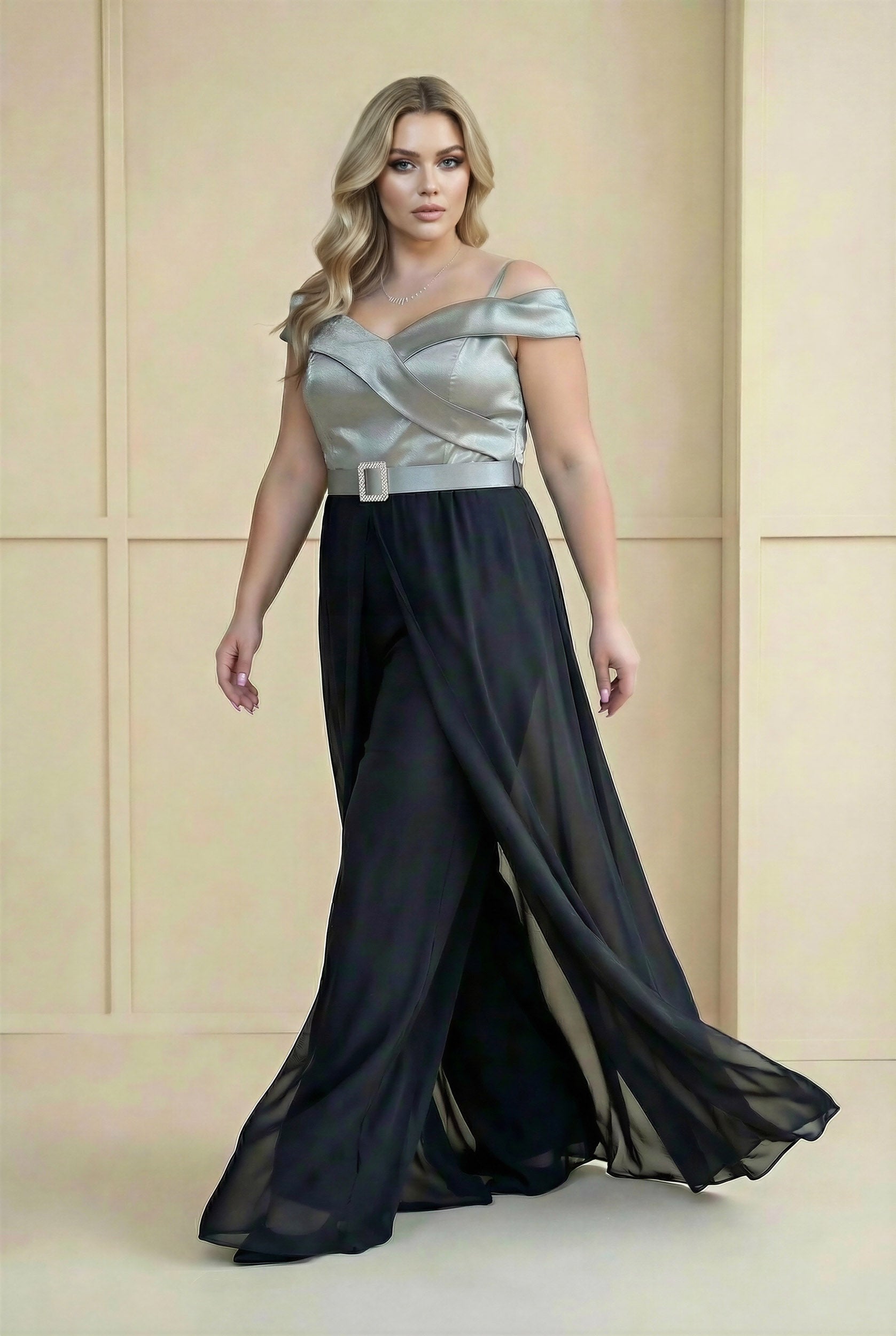 Off-Shoulder Metallic Bodice Jumpsuit Silver\black