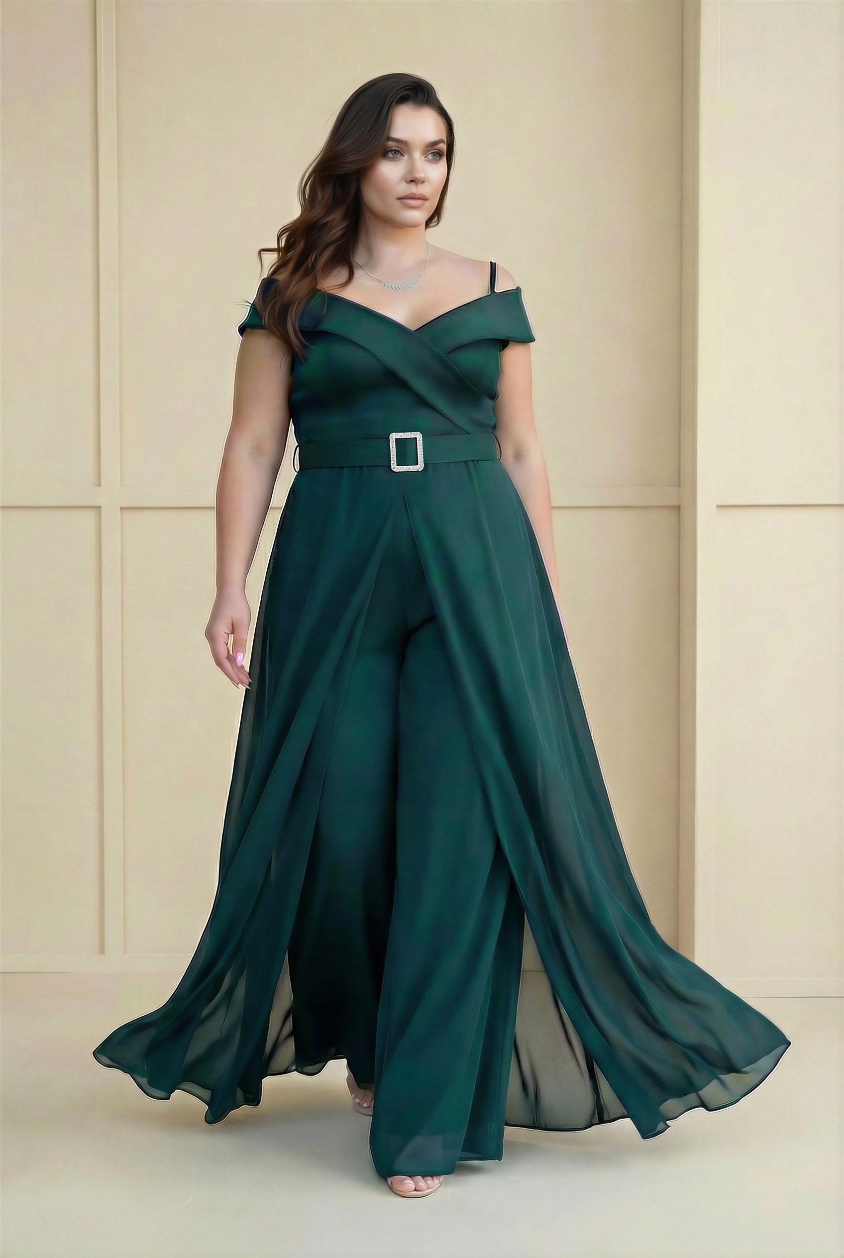 Off-Shoulder Metallic Bodice Jumpsuit Hanter green