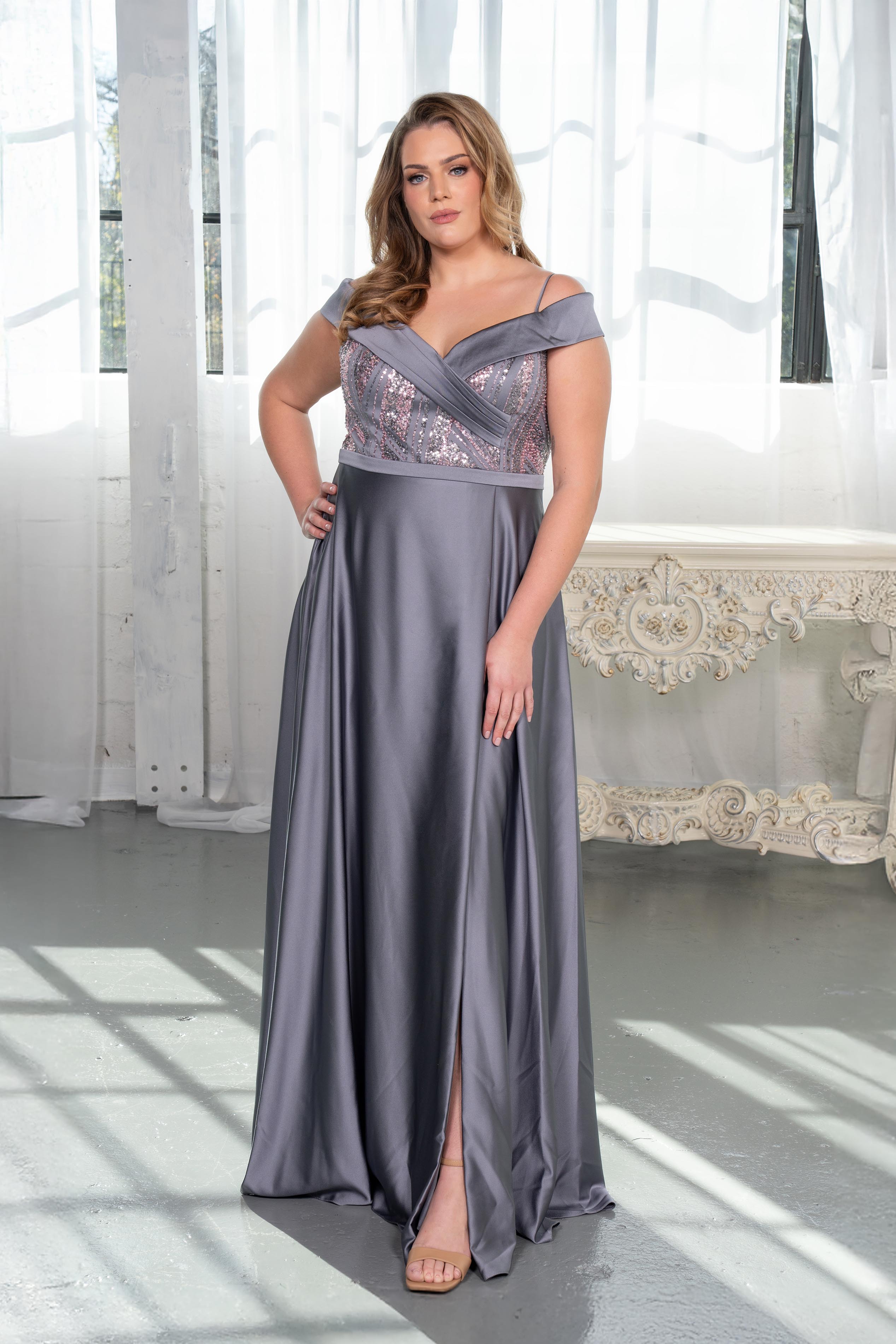 Off-Shoulder Sequin Bodice Satin Slit Gown Charcoal