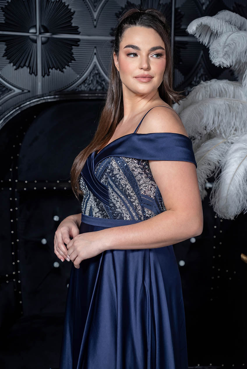 Off-Shoulder Sequin Bodice Satin Slit Gown Navy blue