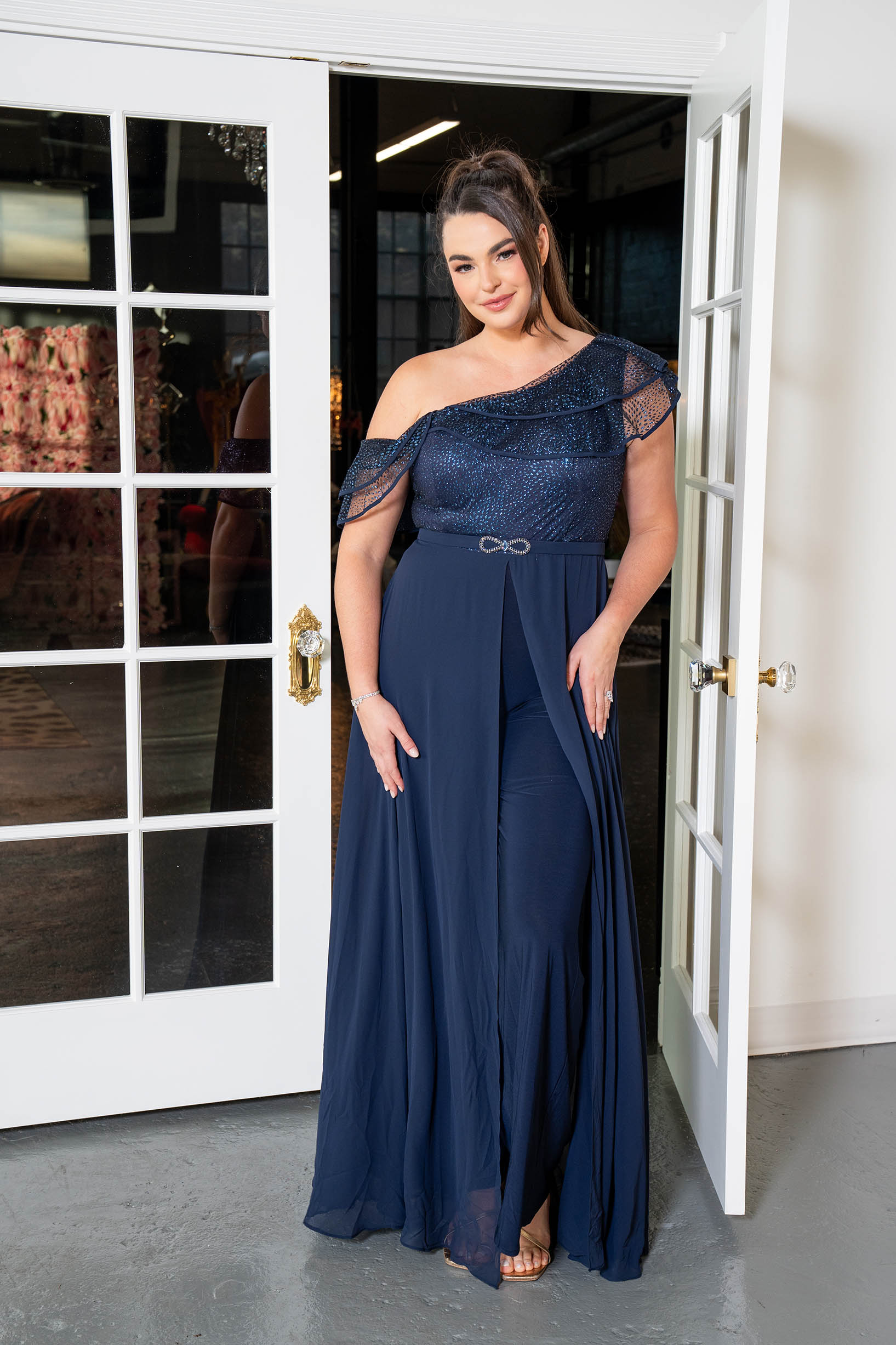 One-Shoulder Ruffle Overlay Jumpsuit Navy blue