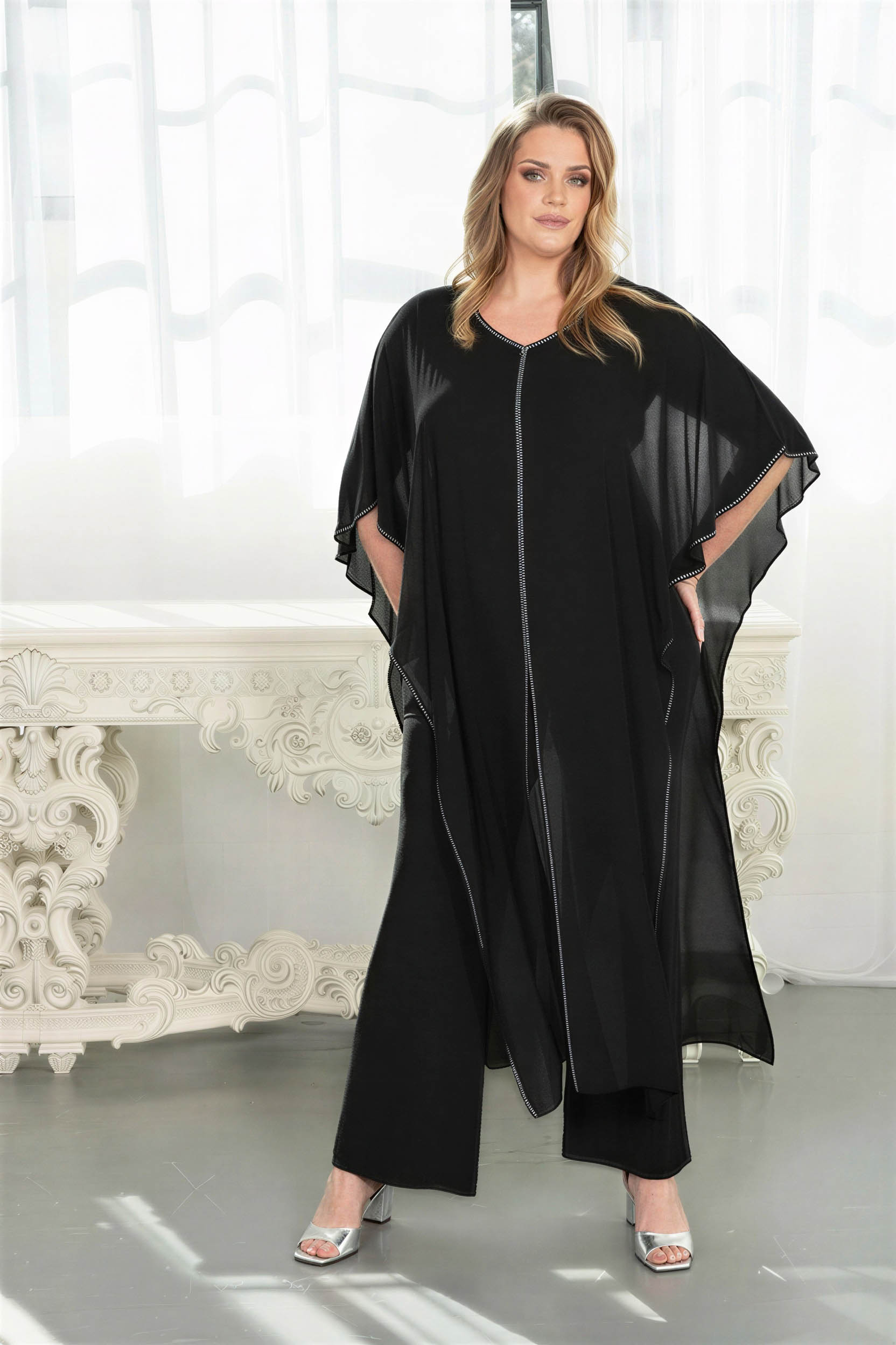 Rhinestone Trim Chiffon Cape Set Black