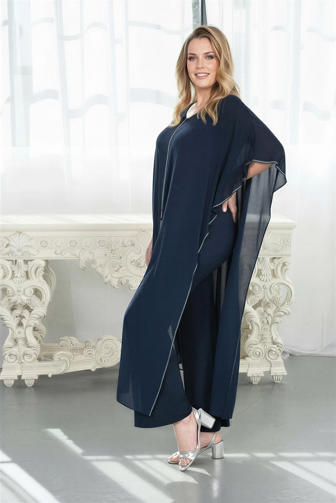Rhinestone Trim Chiffon Cape Set Navy blue