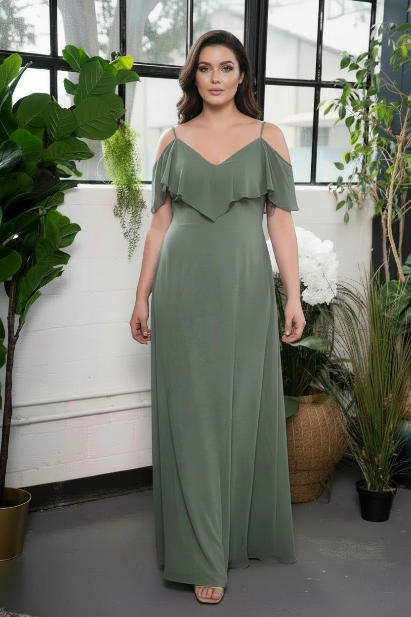 Ruffle Cold-Shoulder Maxi Dress Eucaliptus