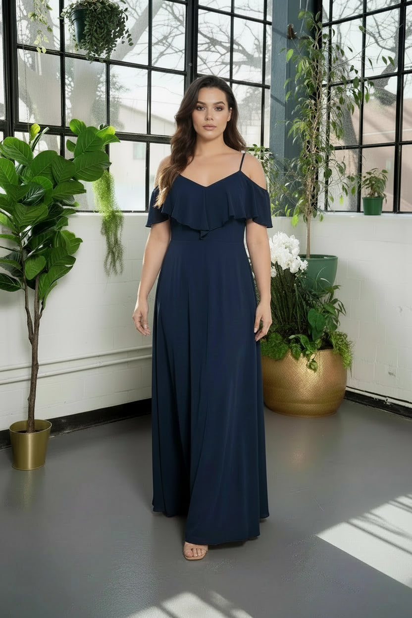 Ruffle Cold-Shoulder Maxi Dress Navy blue