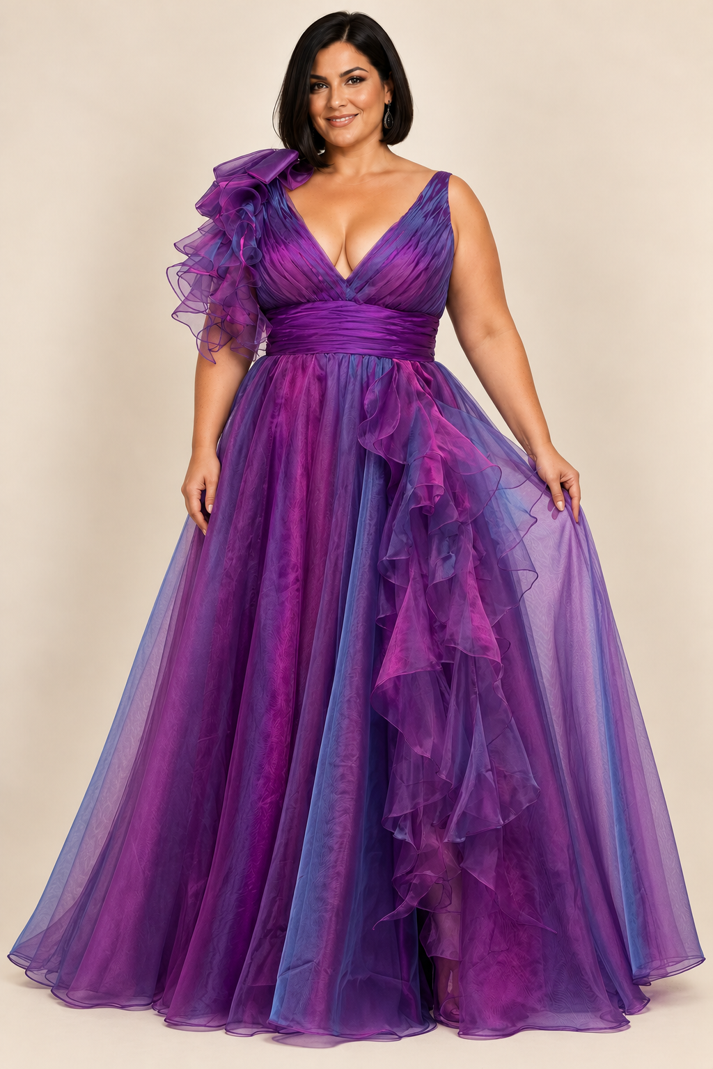 Ruffle Shoulder Tulle Evening Gown pulm