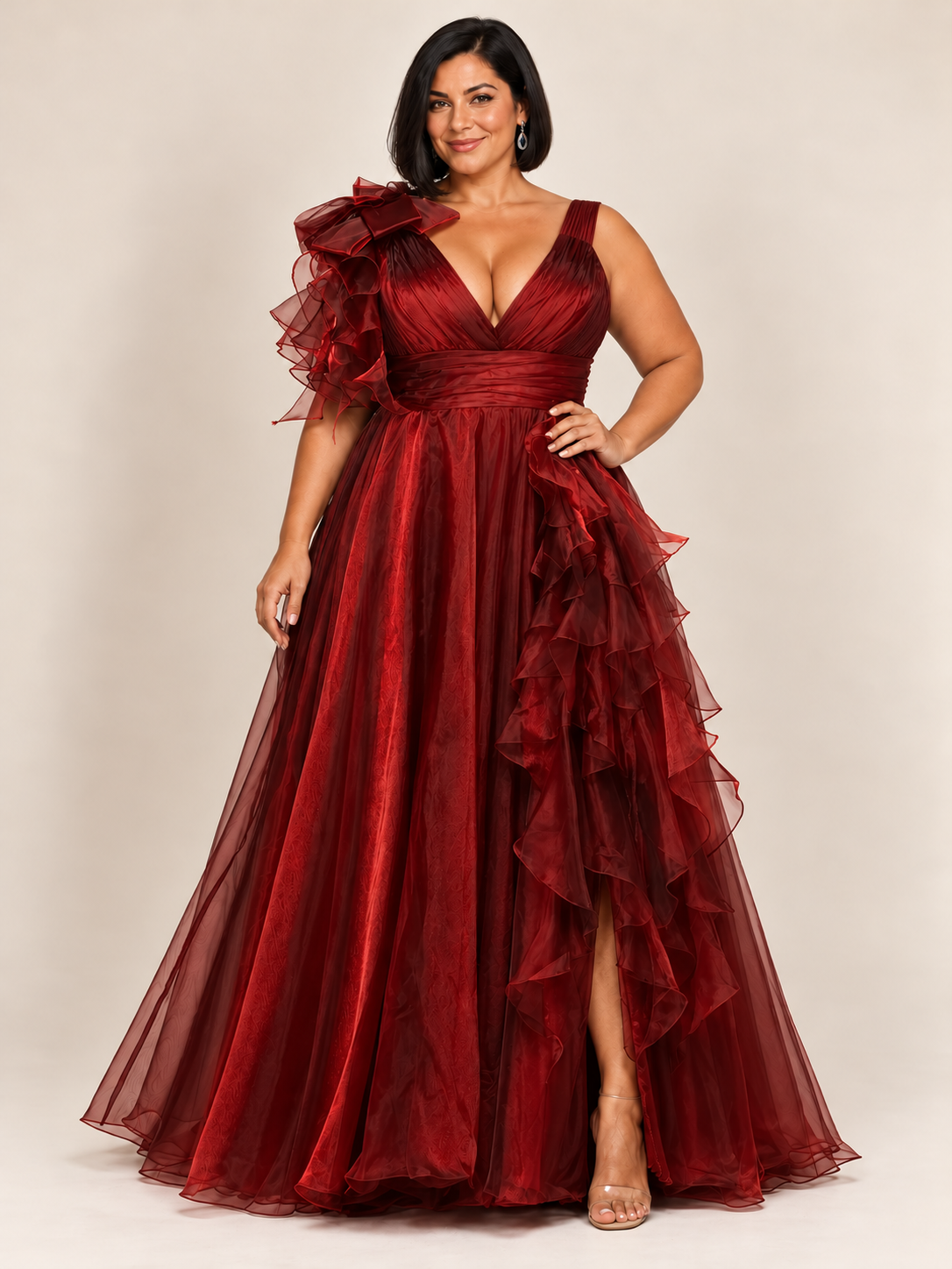 Ruffle Shoulder Tulle Evening Gown wine