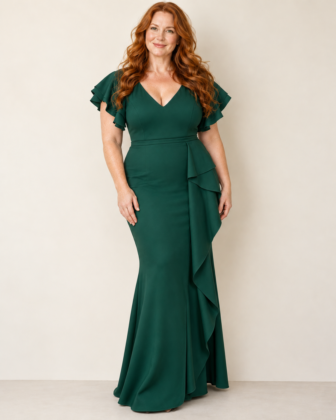 Ruffle Sleeve Draped Crepe Gown hunter green