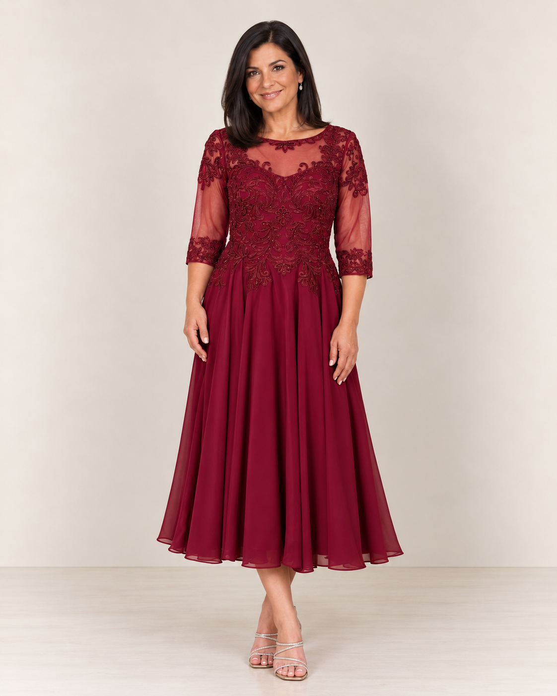 SOLID MOB TEA LENGTH ALINE EMBELLISHED DRESS BURGUNDY