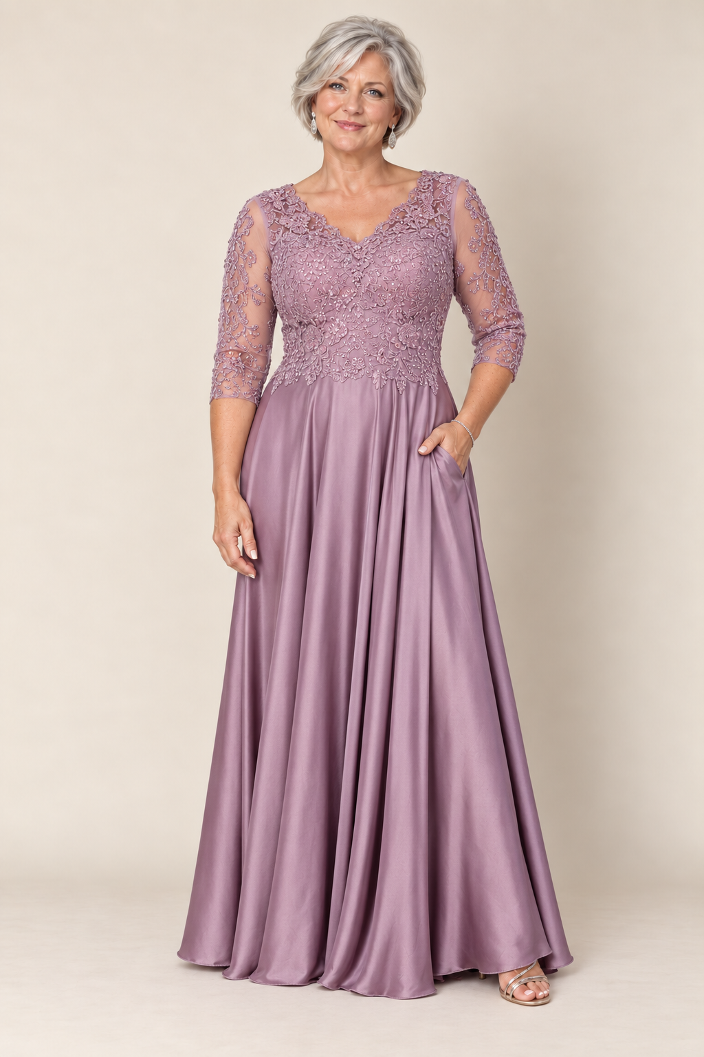 Satin a-line gown with embroidered lace bodice and 3/4 sleeves mauve